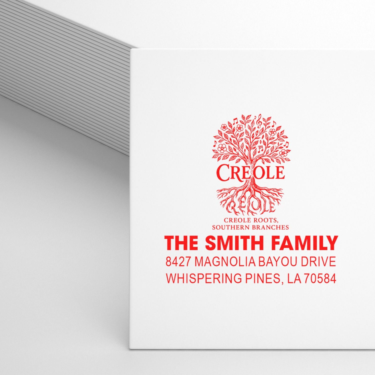 Custom family return address rubber stamp with Creole tree logo for The Smith Family, Whispering Pines, LA 70584