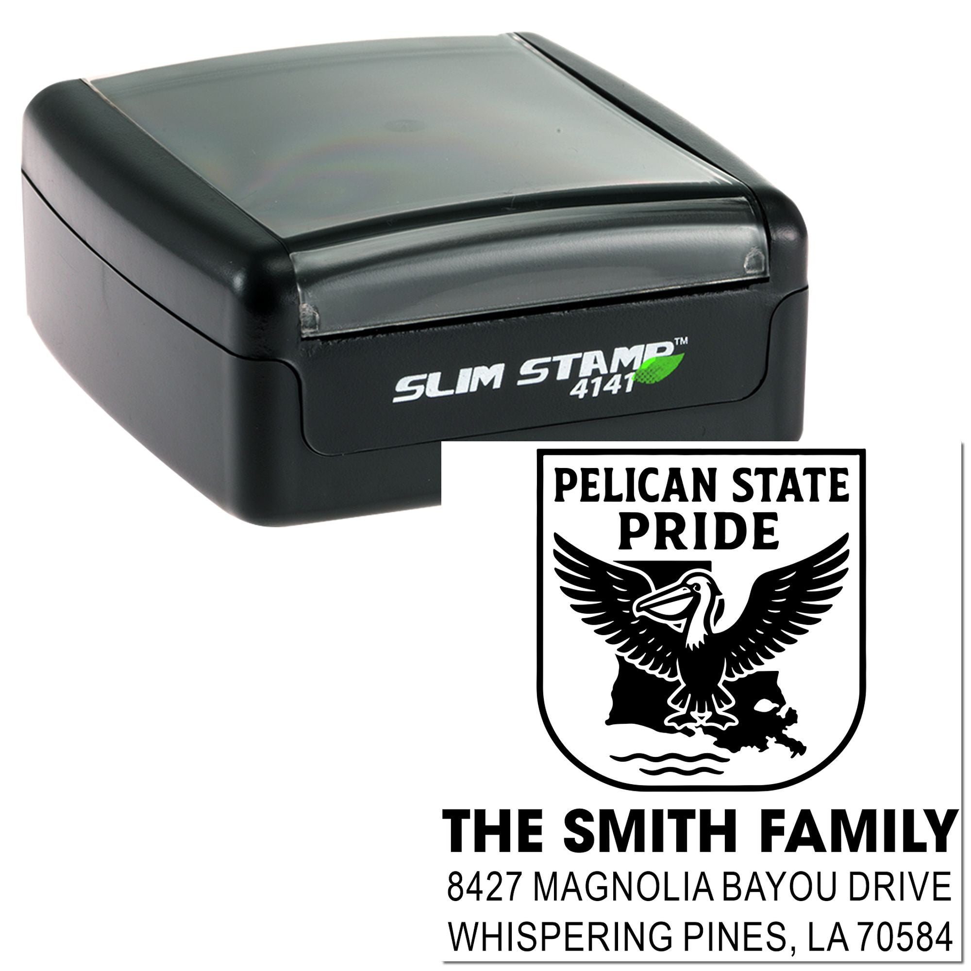 Slim Stamp 4141 custom address rubber stamp with Pelican State Pride pelican logo for The Smith Family, Whispering Pines, LA.