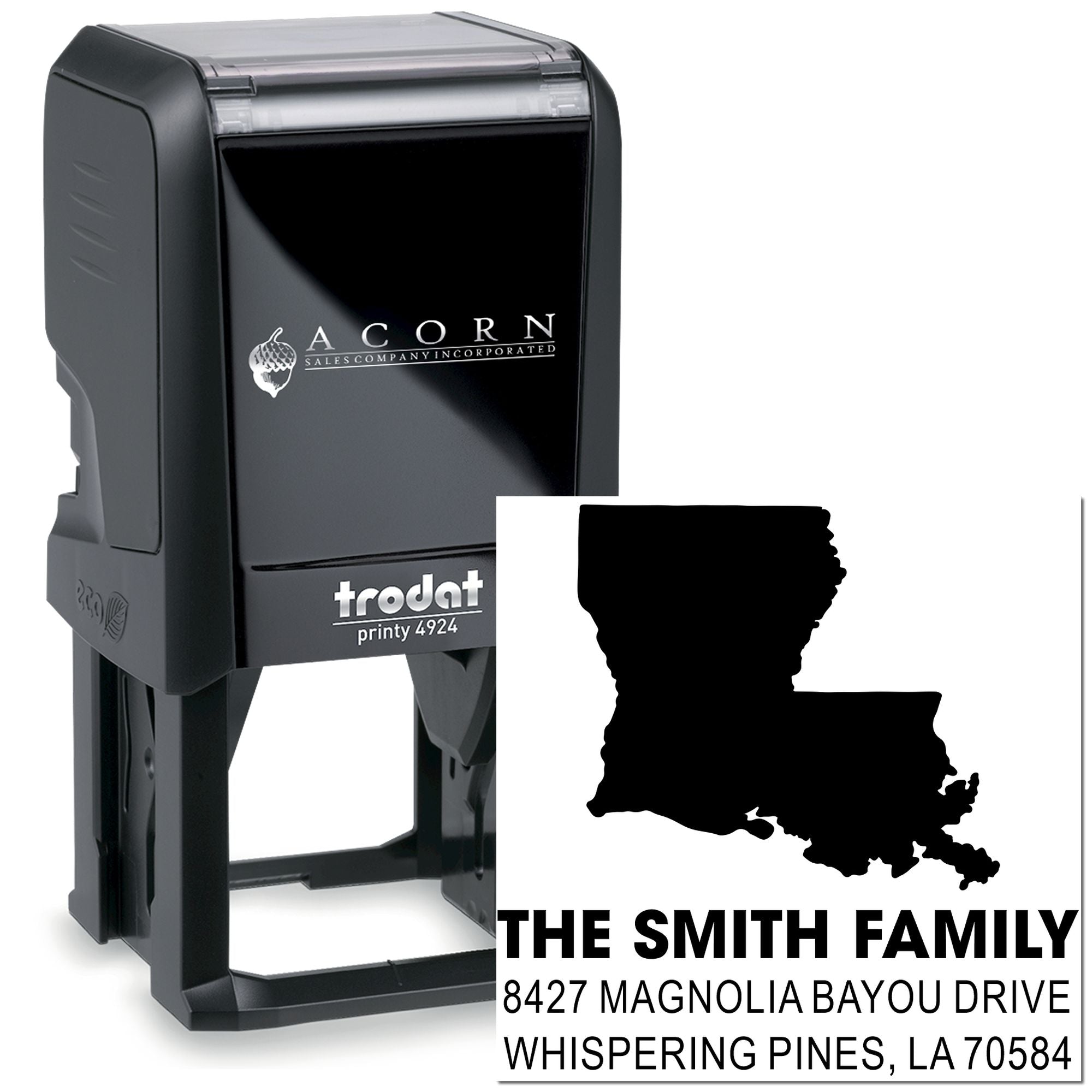Trodat self-inking custom address rubber stamp with Louisiana silhouette, family name, and return address.