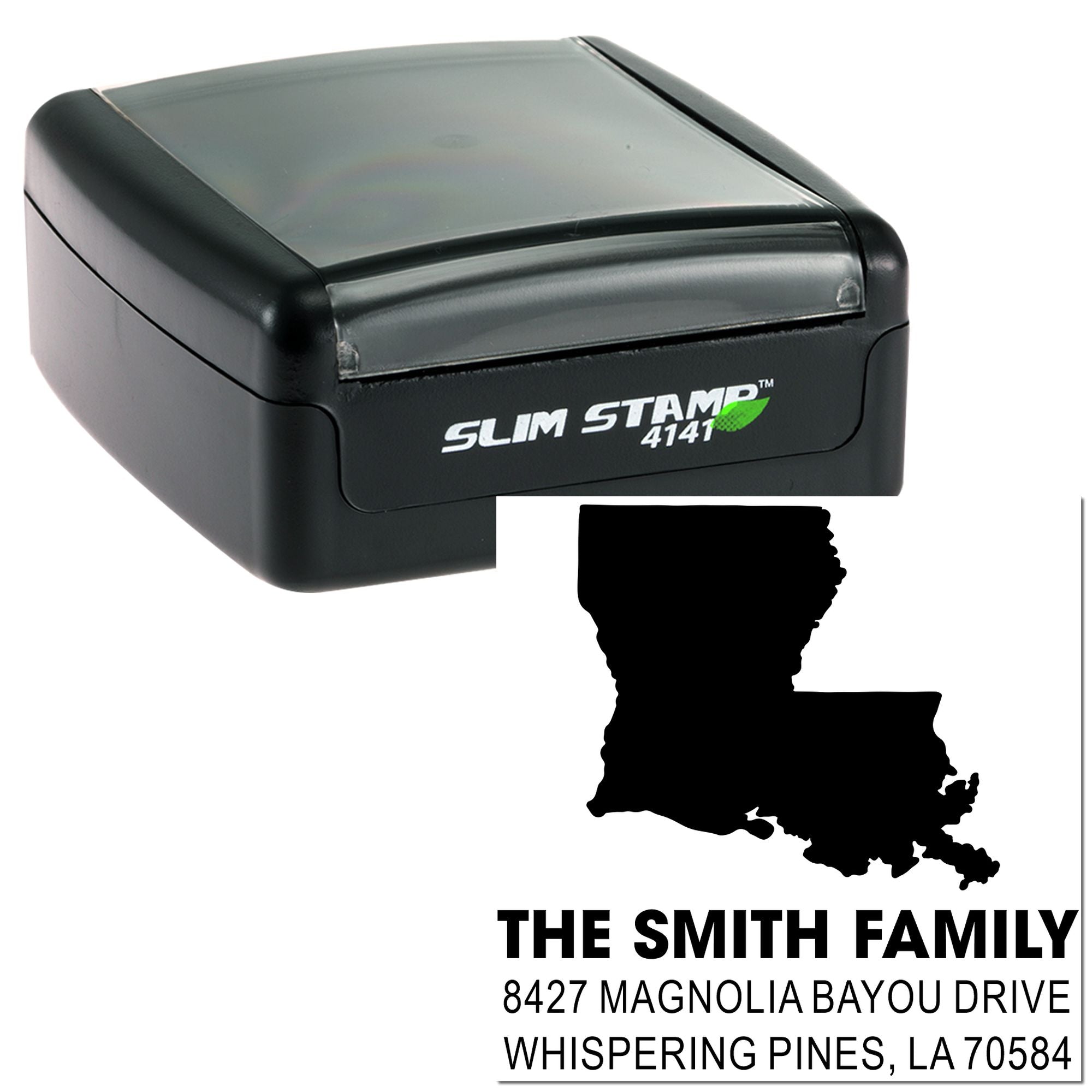 Custom Louisiana address rubber stamp with Slim Stamp 4141, featuring The Smith Family return address layout.