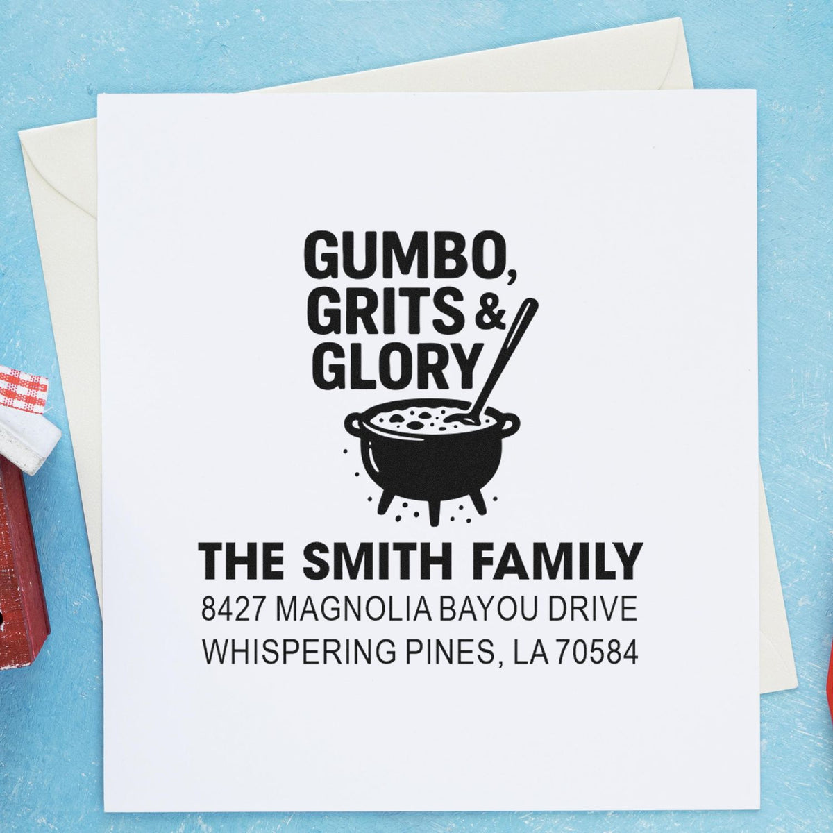 Custom gumbo-themed rubber address stamp for The Smith Family, featuring name and Louisiana return address.