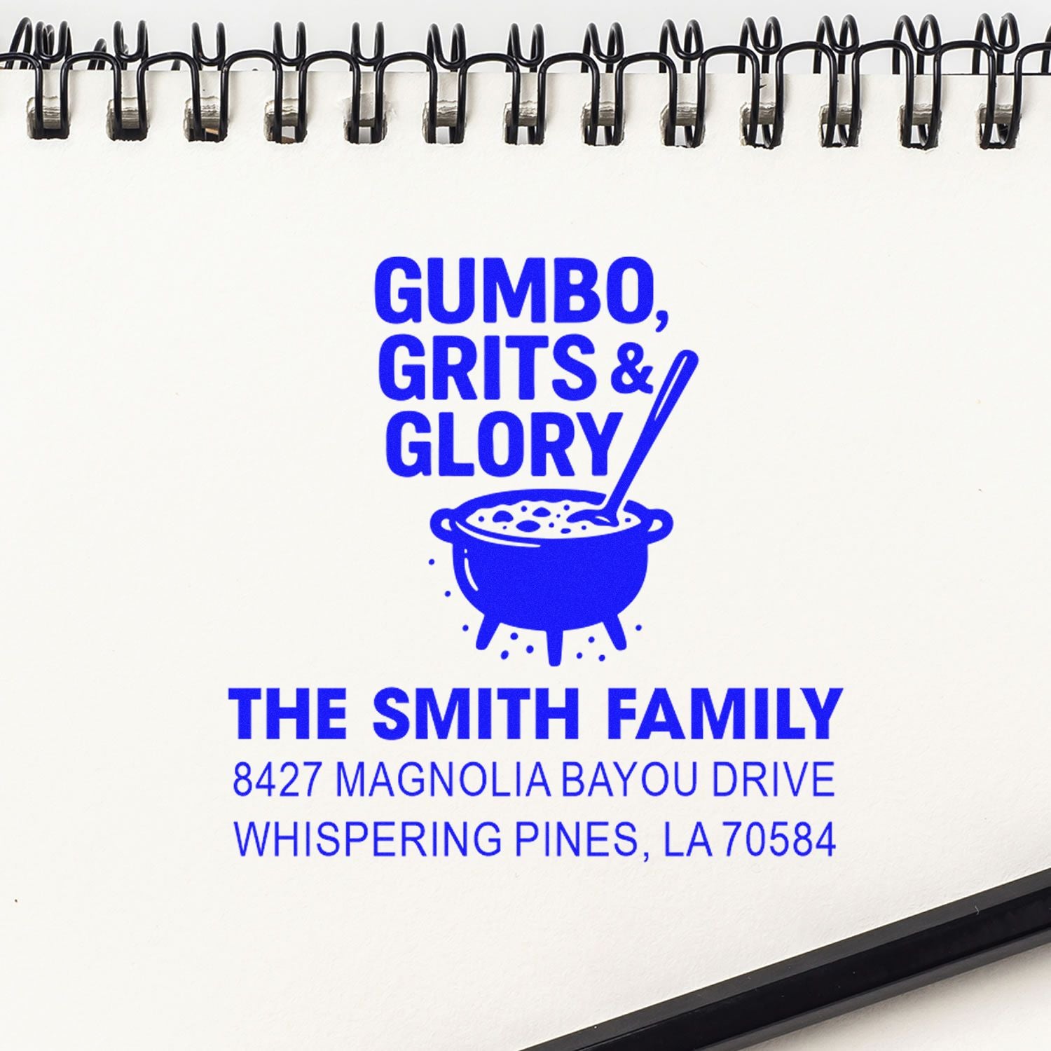Custom rubber stamp design for The Smith Family, with gumbo, grits & glory graphic and return address.