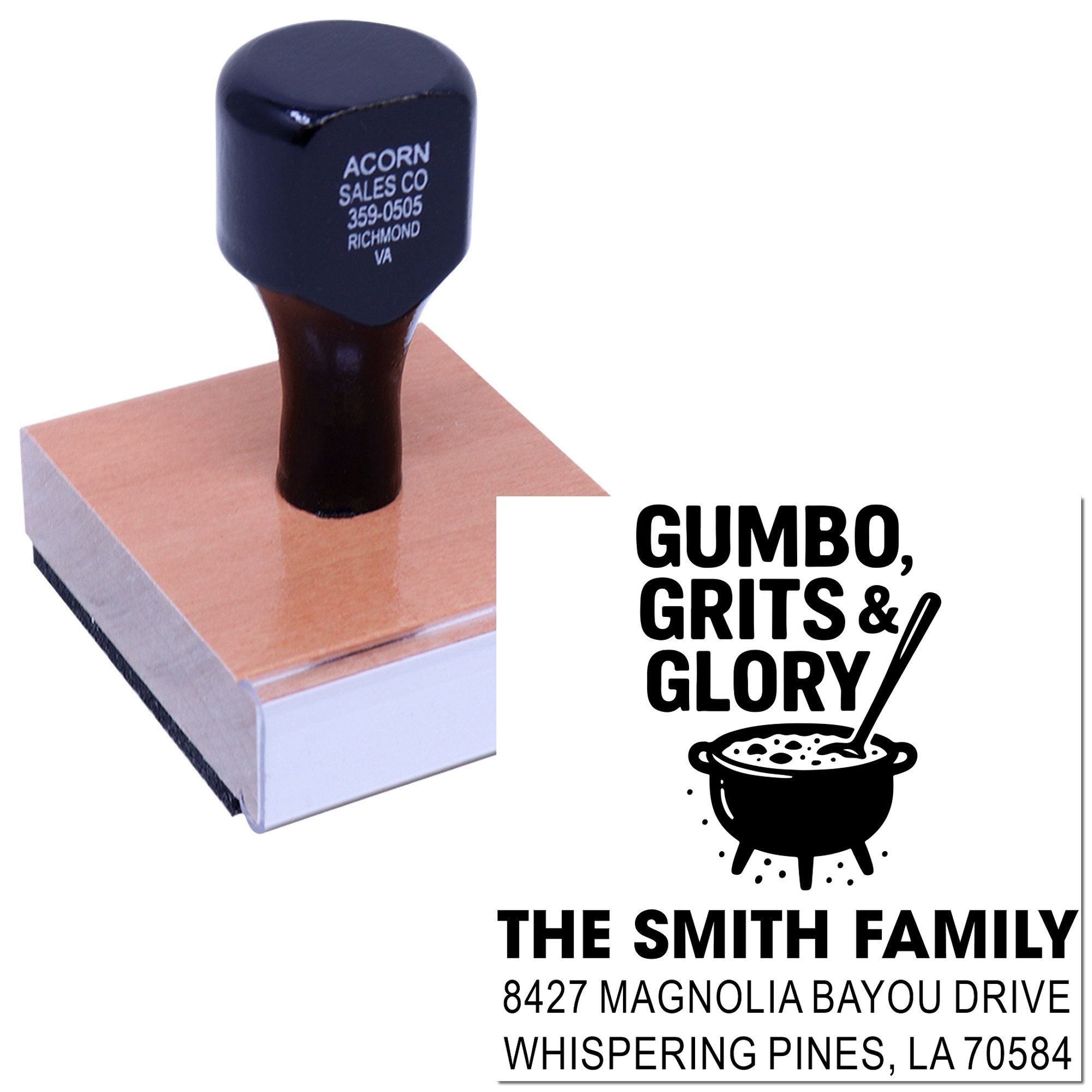 Personalized custom rubber stamp with Gumbo, Grits & Glory design for The Smith Family return address imprint.