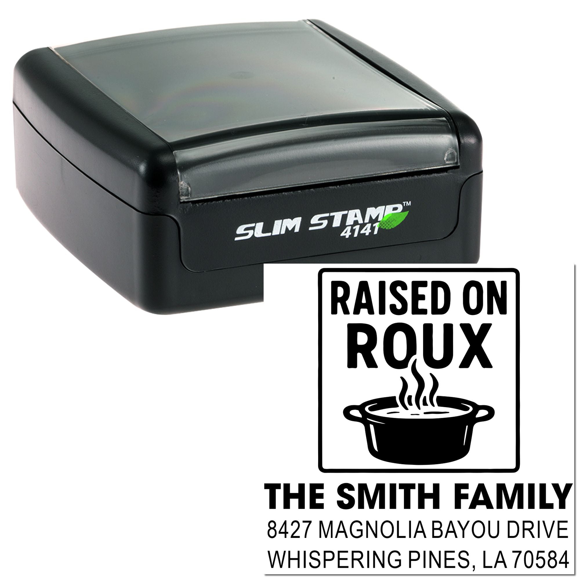 Custom Slim Stamp rubber return address stamp with Raised on Roux design for The Smith Family personalized mailing imprint.