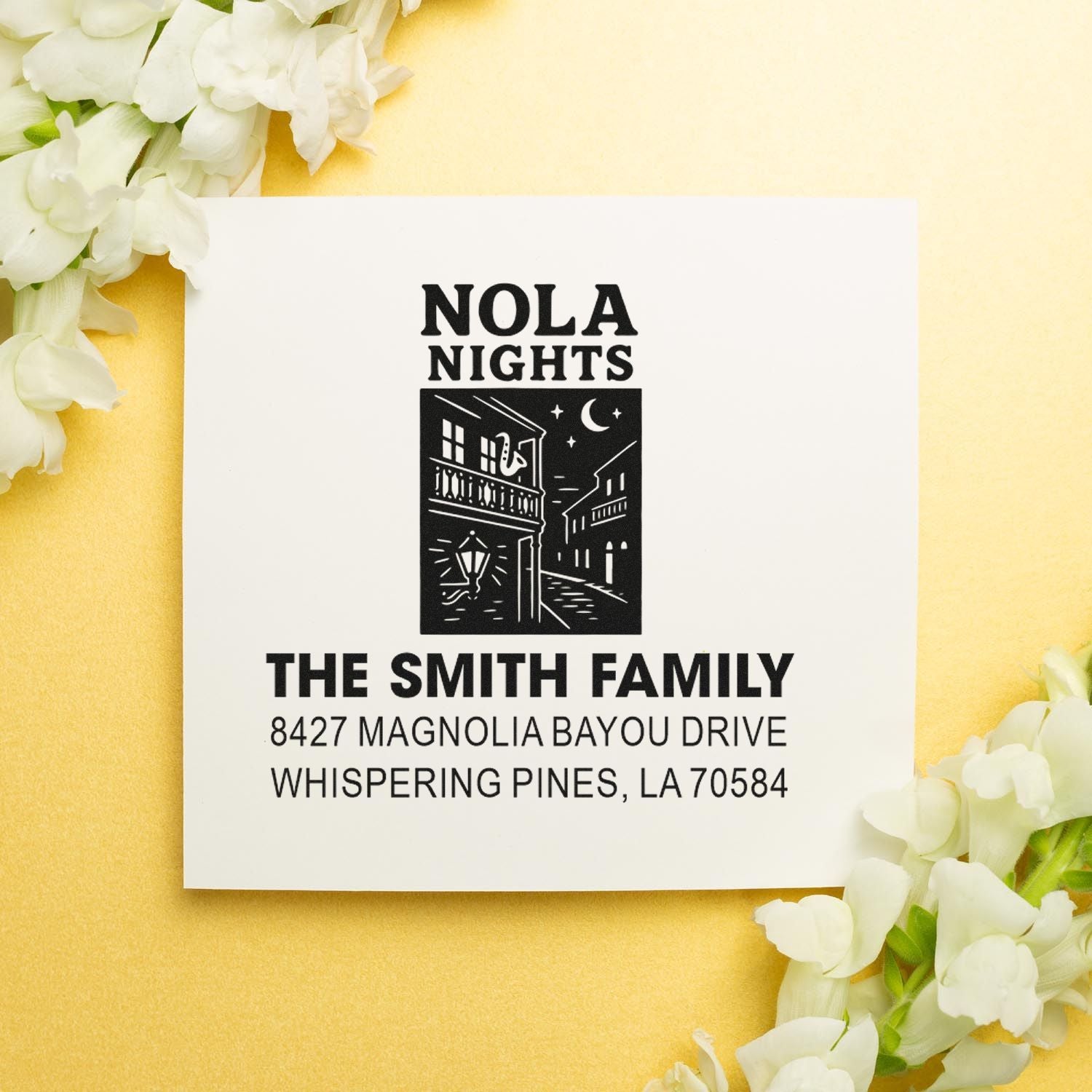 Custom return address rubber stamp with New Orleans NOLA Nights design for The Smith Family.