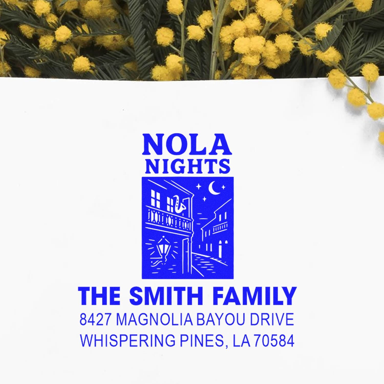 Custom NOLA Nights address rubber stamp for The Smith Family, 8427 Magnolia Bayou Drive, Whispering Pines, LA