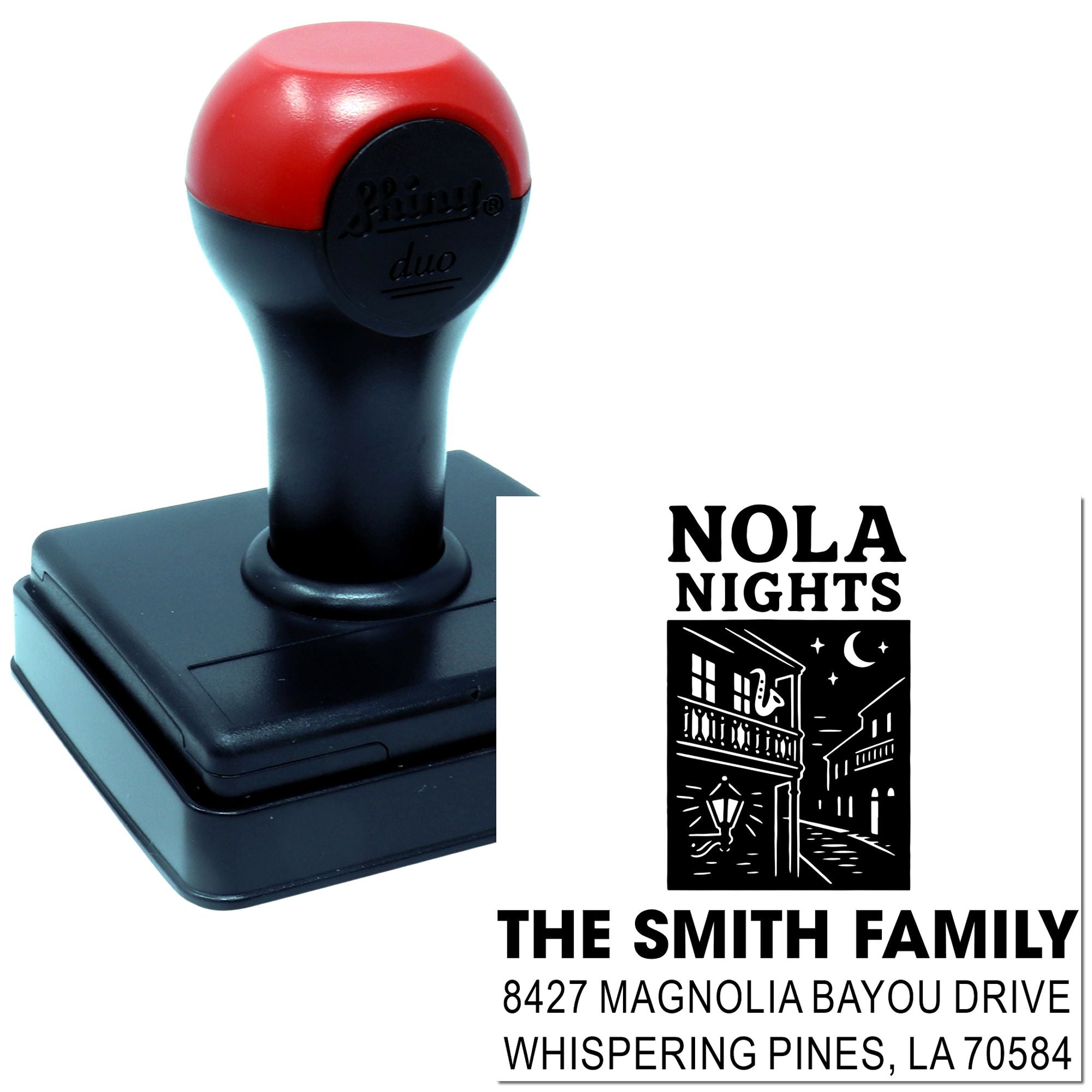 Personalized self-inking address rubber stamp for The Smith Family, NOLA Nights design with return address.