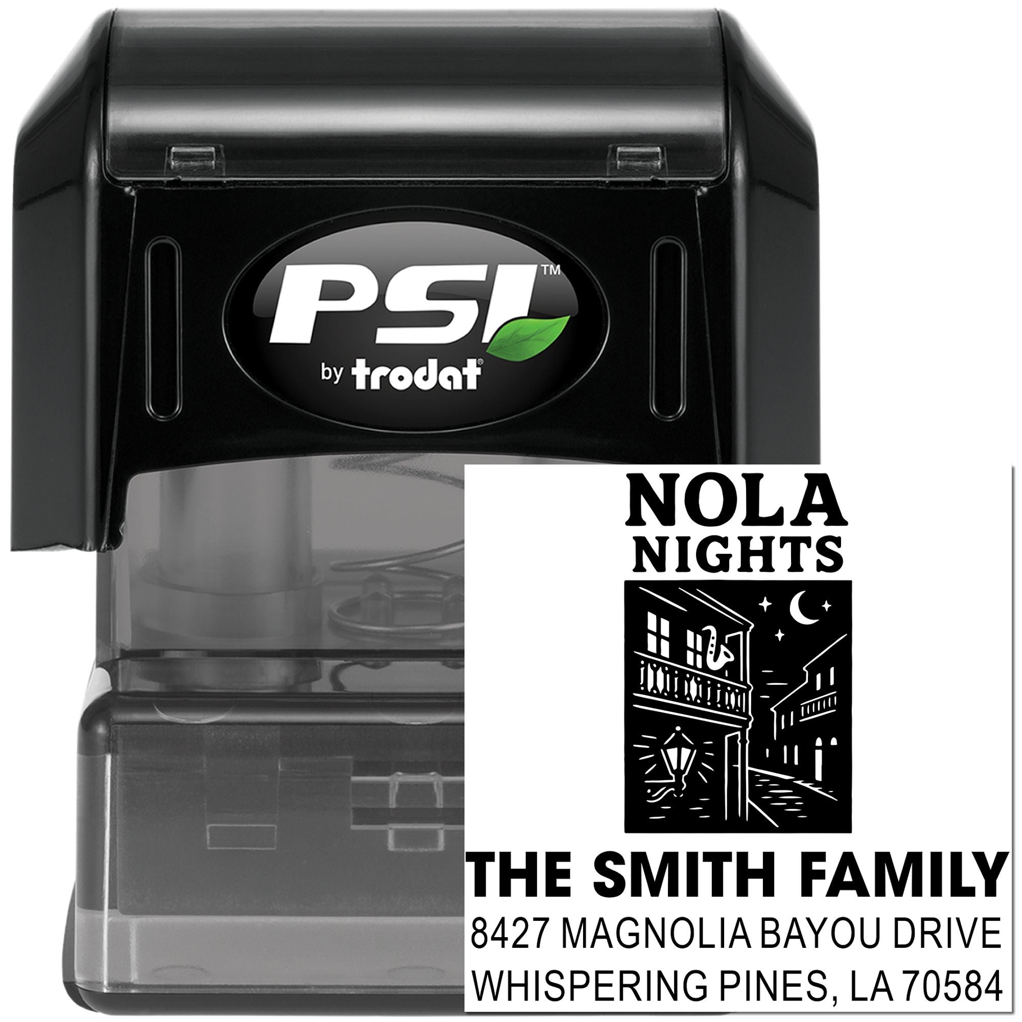 PSI by Trodat self-inking custom return address stamp with NOLA Nights family design for personalized mailing.