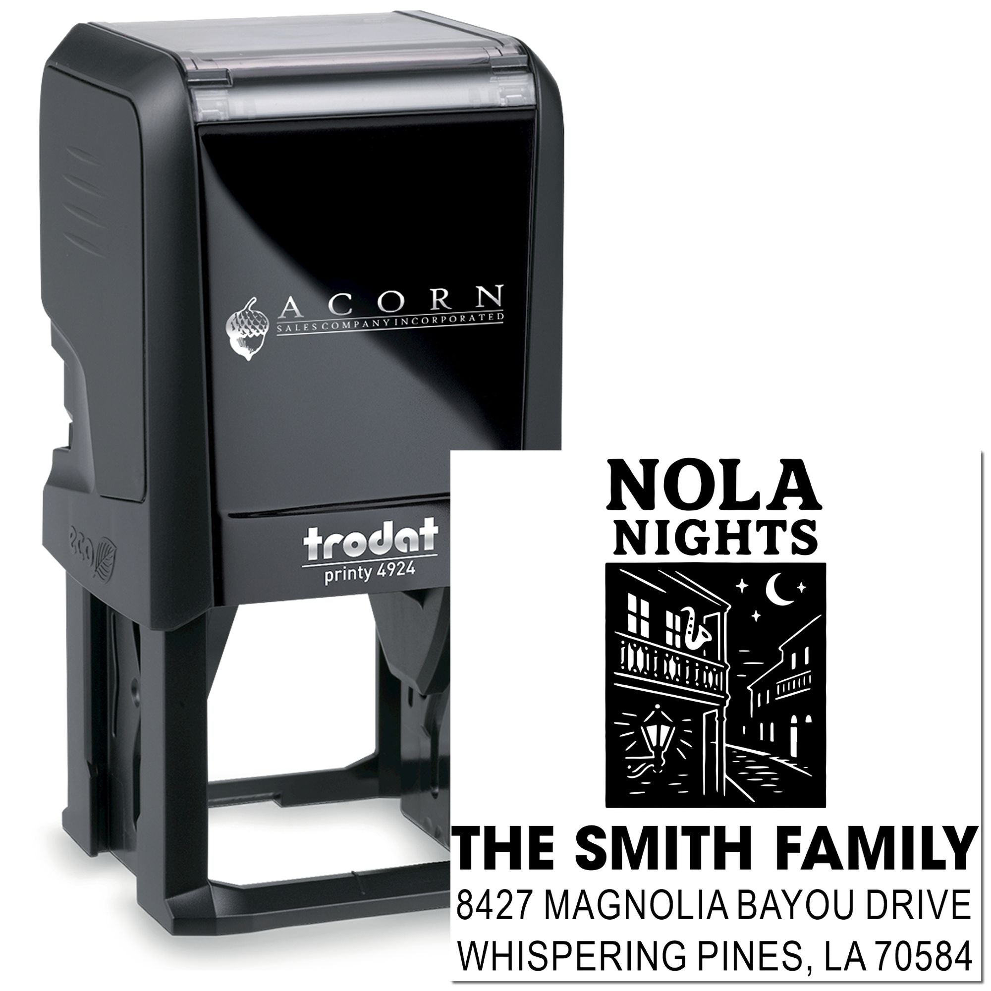 Custom self-inking rubber stamp with NOLA Nights design and Smith family return address for personalized mailing and branding.