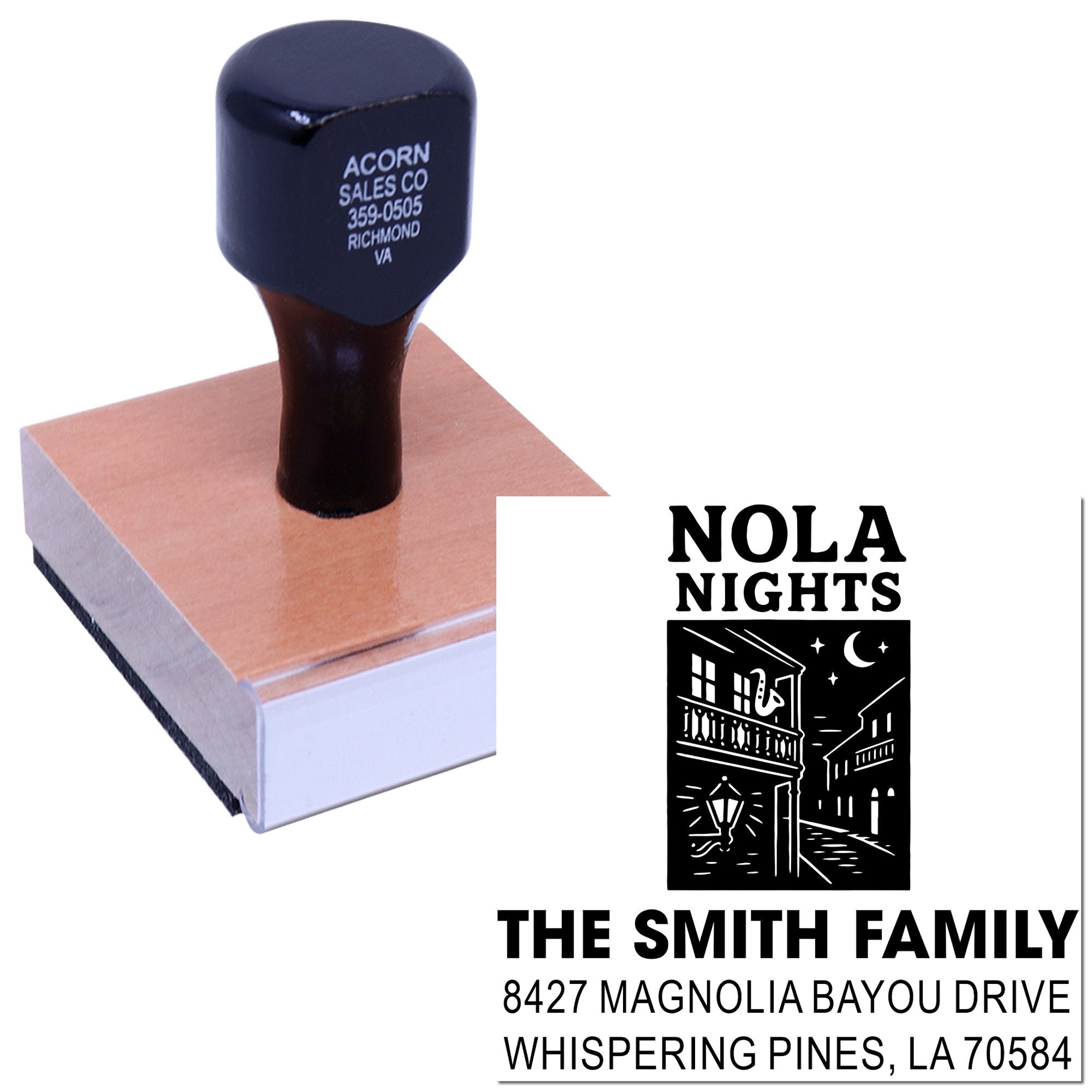 Personalized rubber address stamp with NOLA Nights design for The Smith Family, Whispering Pines, LA.