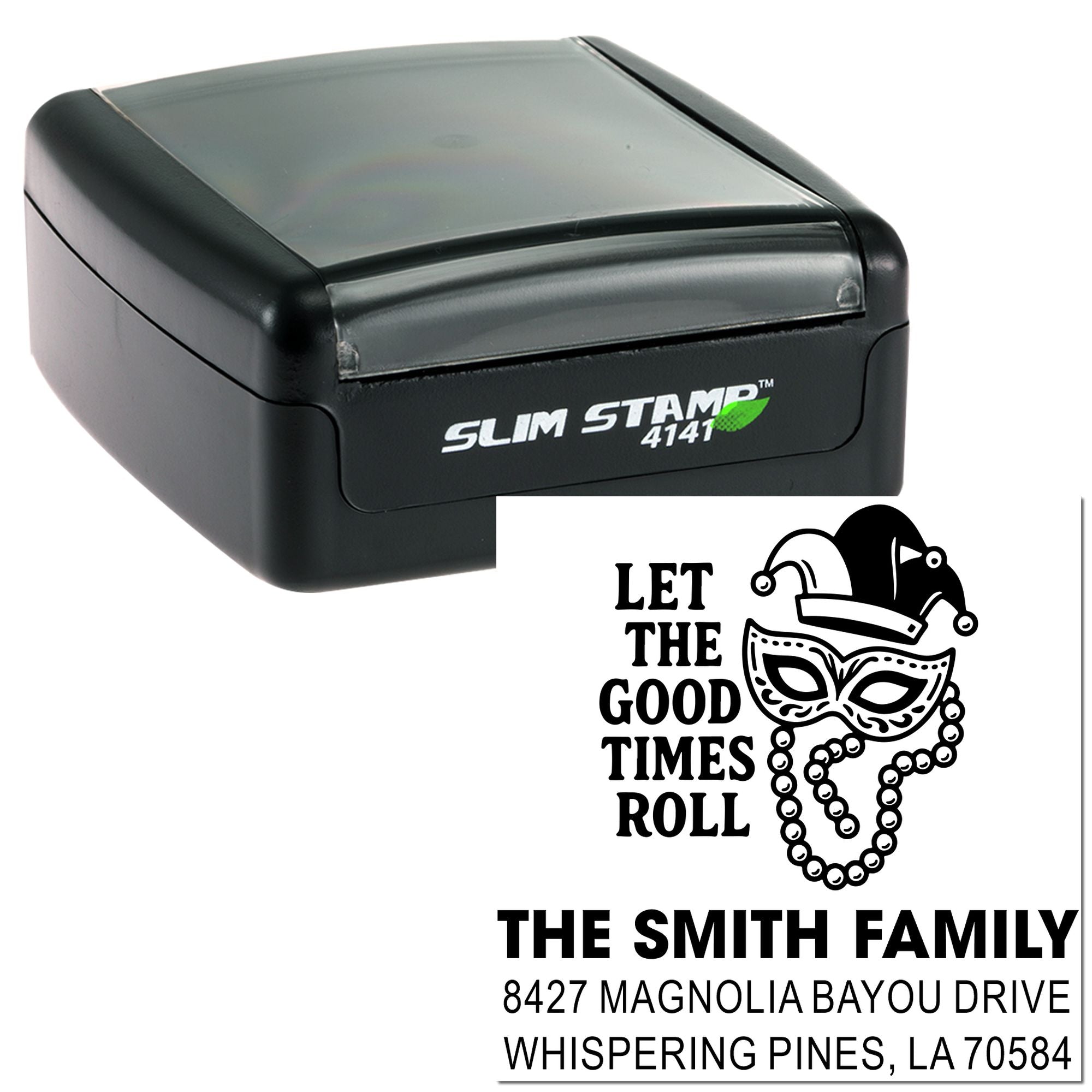 Slim return address rubber stamp with Mardi Gras jester design and family name for custom mailing and party invitations