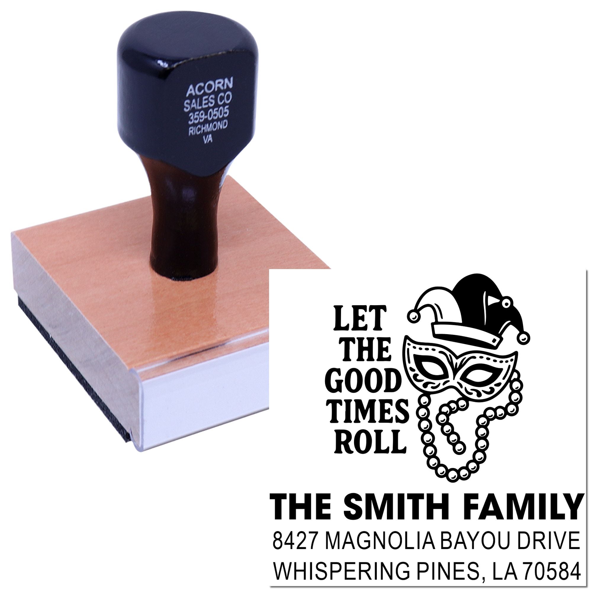 Custom rubber stamp with Mardi Gras jester design and family name address, ideal for personalized address stamping.
