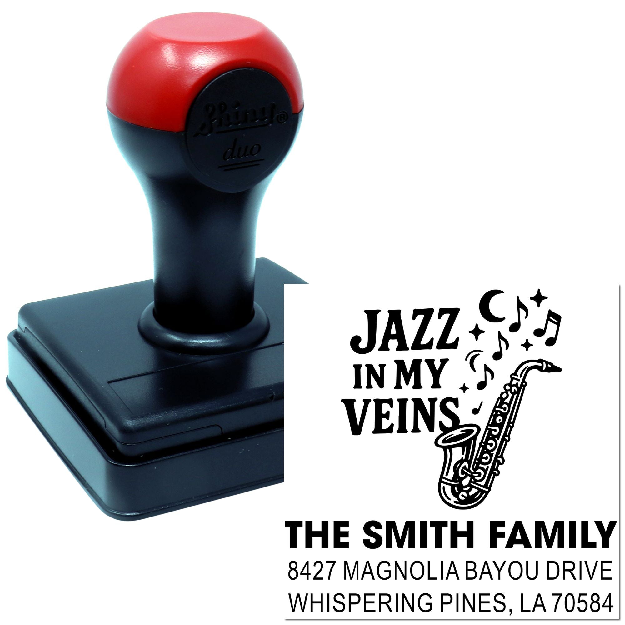 Custom self-inking rubber stamp with jazz saxophone design and The Smith Family return address imprint