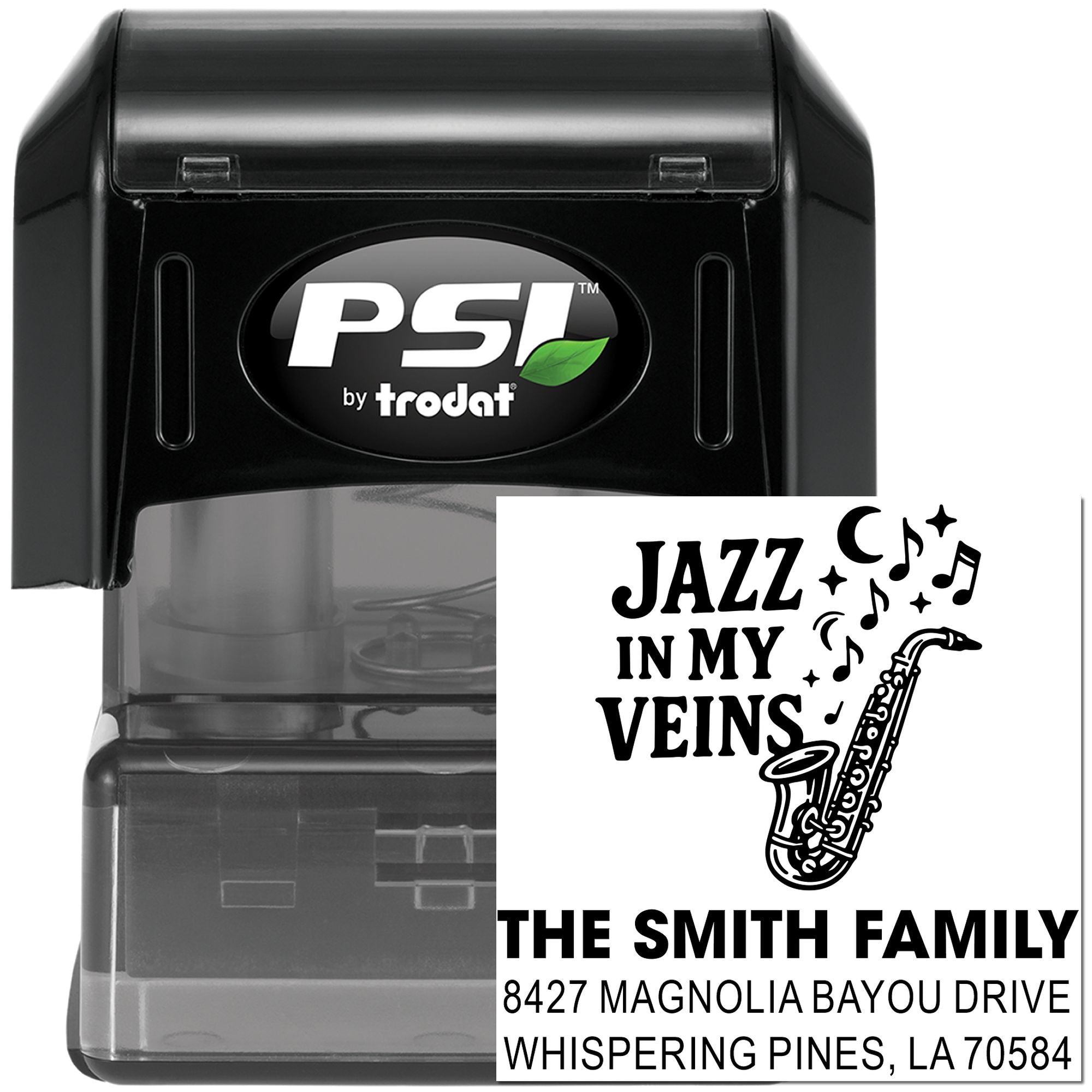 Custom self-inking address rubber stamp by PSI Trodat featuring jazz saxophone design for The Smith Family