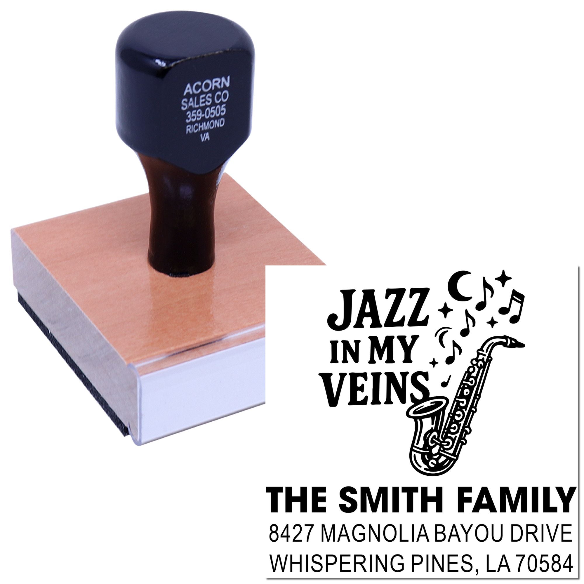 Custom rubber address stamp with jazz theme, family name, and mailing address for personalized business or home use.