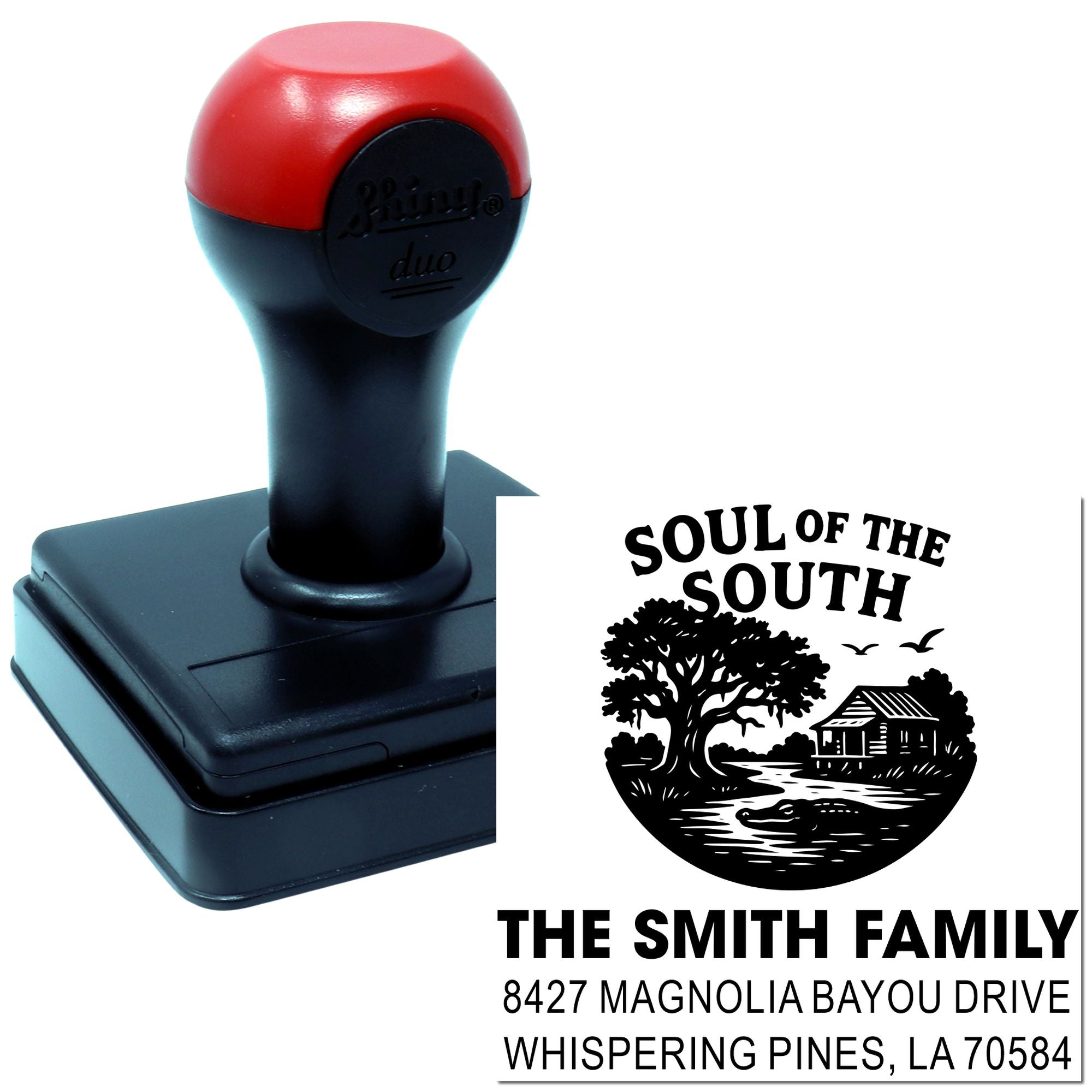 Custom self-inking rubber stamp for family return address with Soul of the South design