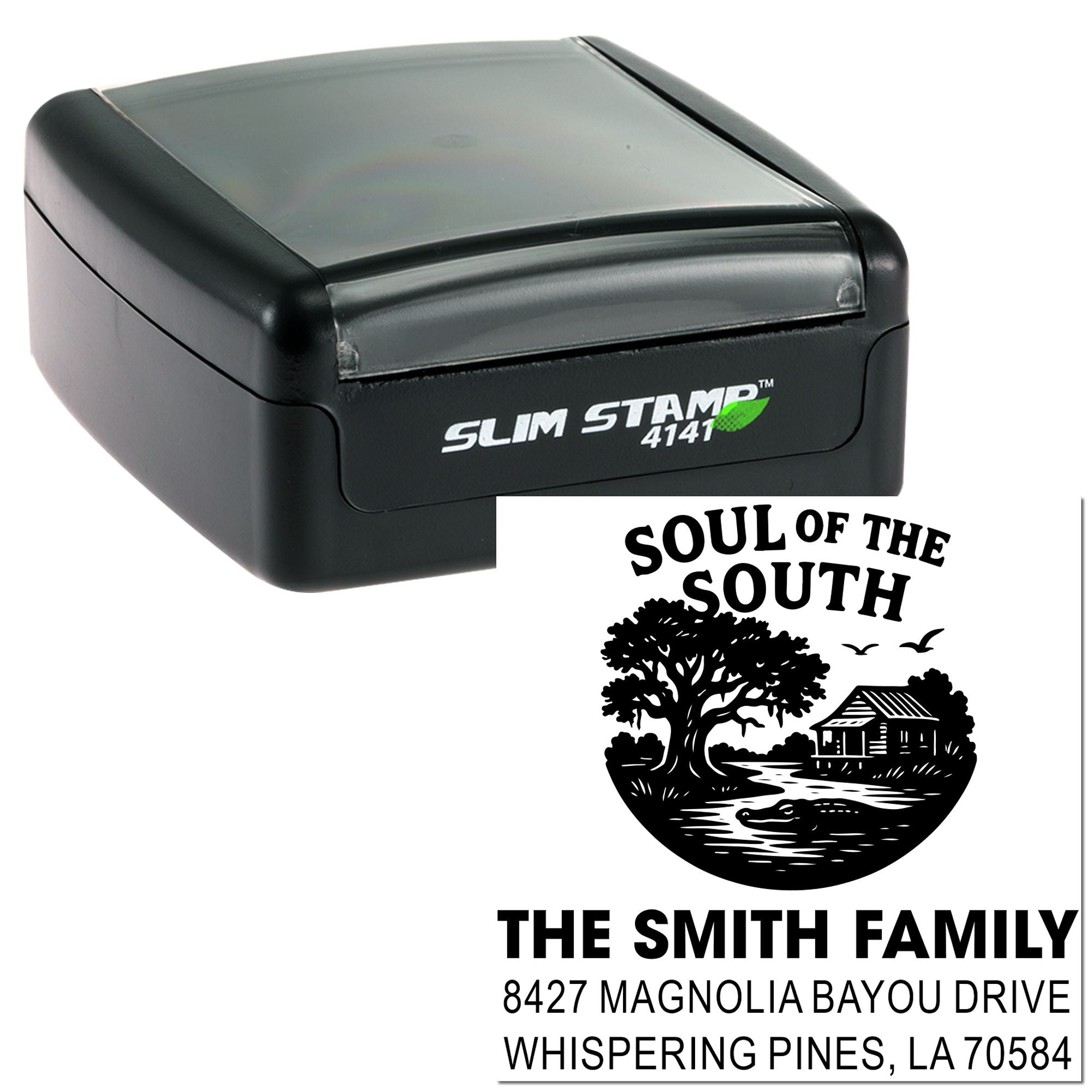 Custom self-inking rubber stamp with family return address design, Soul of the South theme for The Smith Family.