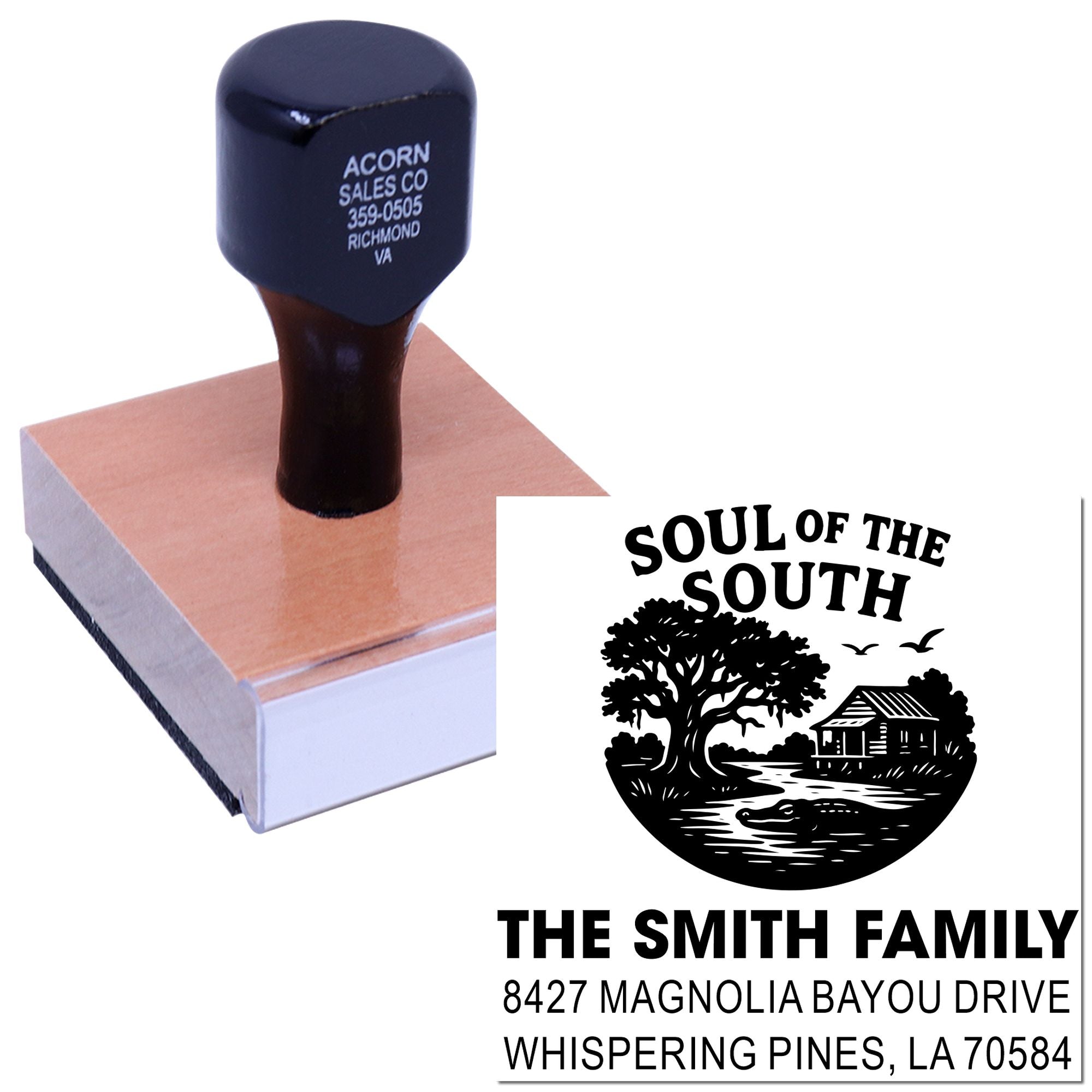 Custom self-inking rubber stamp with family name, address, and southern-themed logo for personalized mailing and branding.