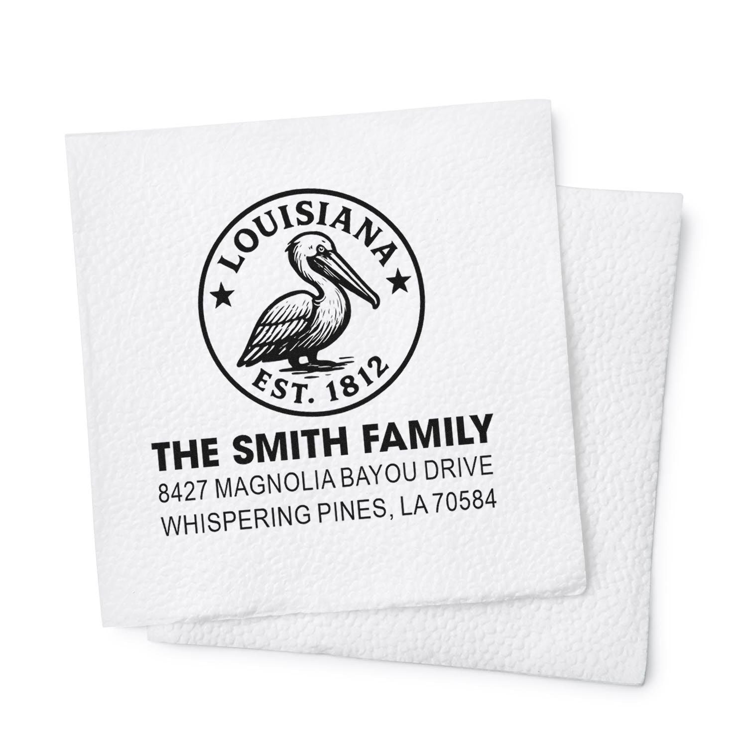 Custom Louisiana return address rubber stamp with pelican seal for The Smith Family, ideal for envelopes and invitations.