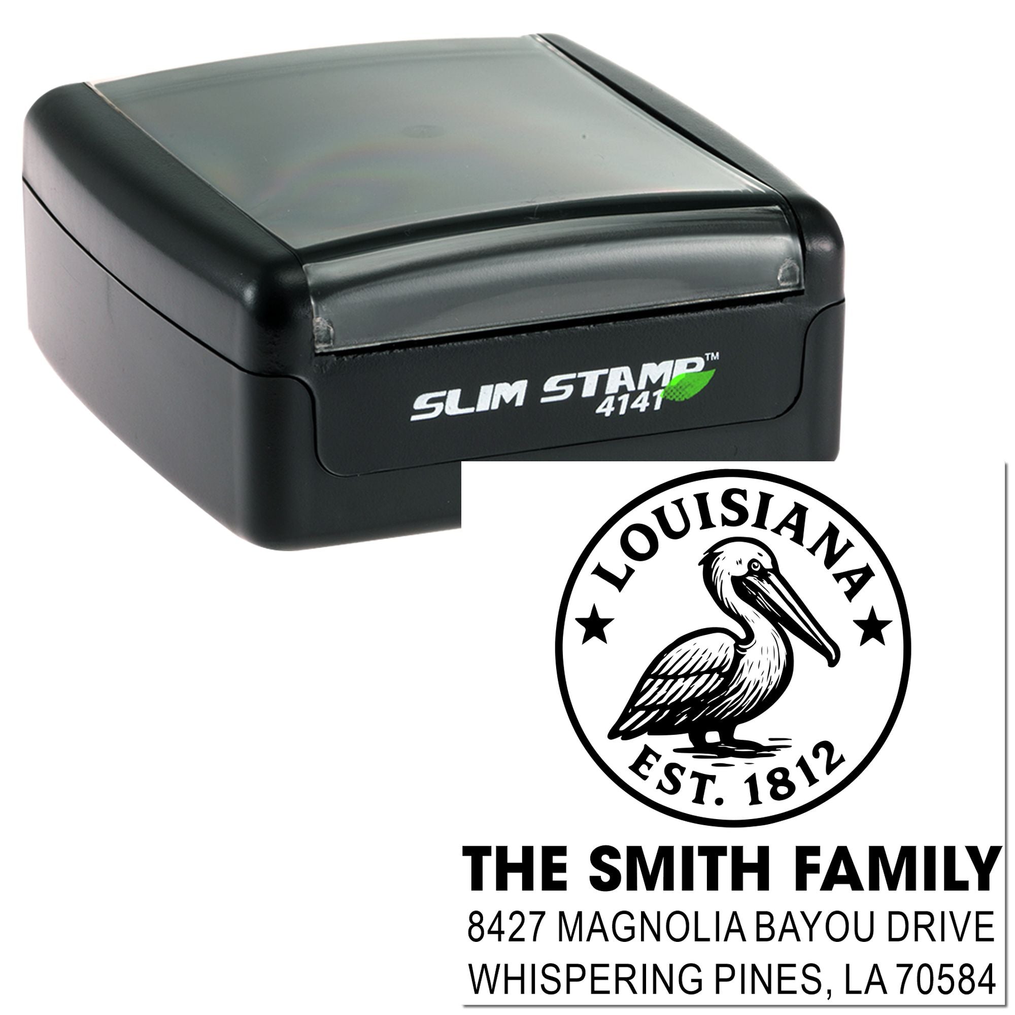 Slim Stamp 4141 self-inking custom address rubber stamp with Louisiana pelican family seal design.