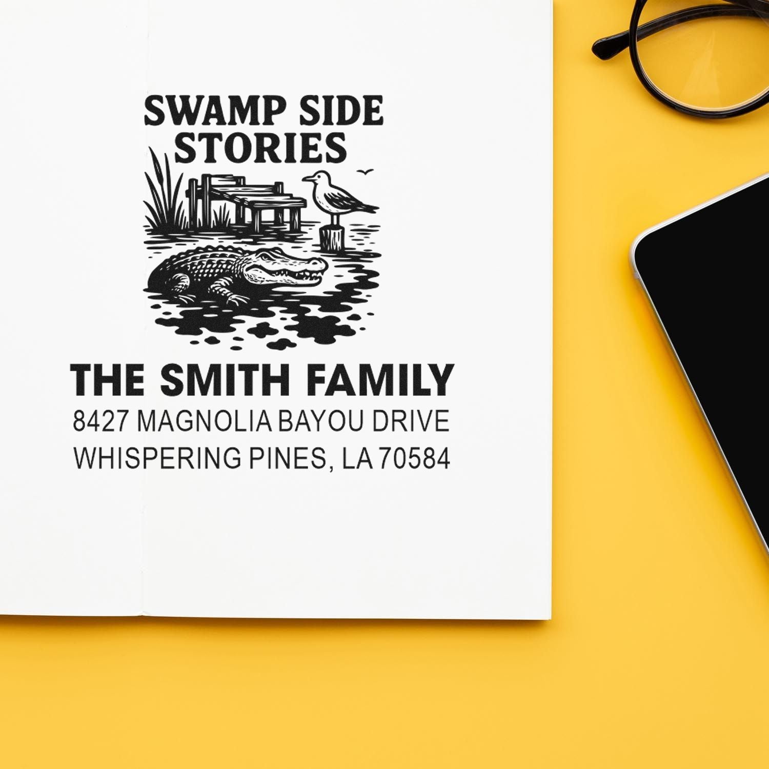 Custom rubber stamp for The Smith Family with swamp scene and address, featuring Swamp Side Stories text.