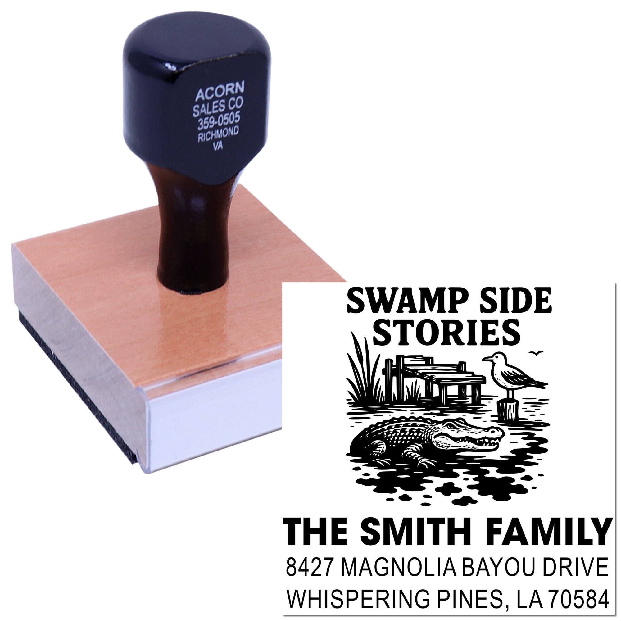 Custom rubber stamp with swamp-themed return address design for The Smith Family, Magnolia Bayou Drive, Whispering Pines, LA.