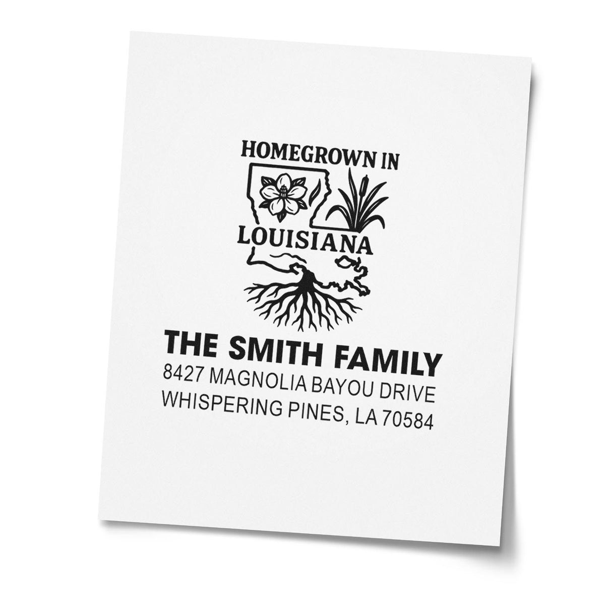 Personalized rubber stamp design with Homegrown in Louisiana, family name, and return address for custom mailing.