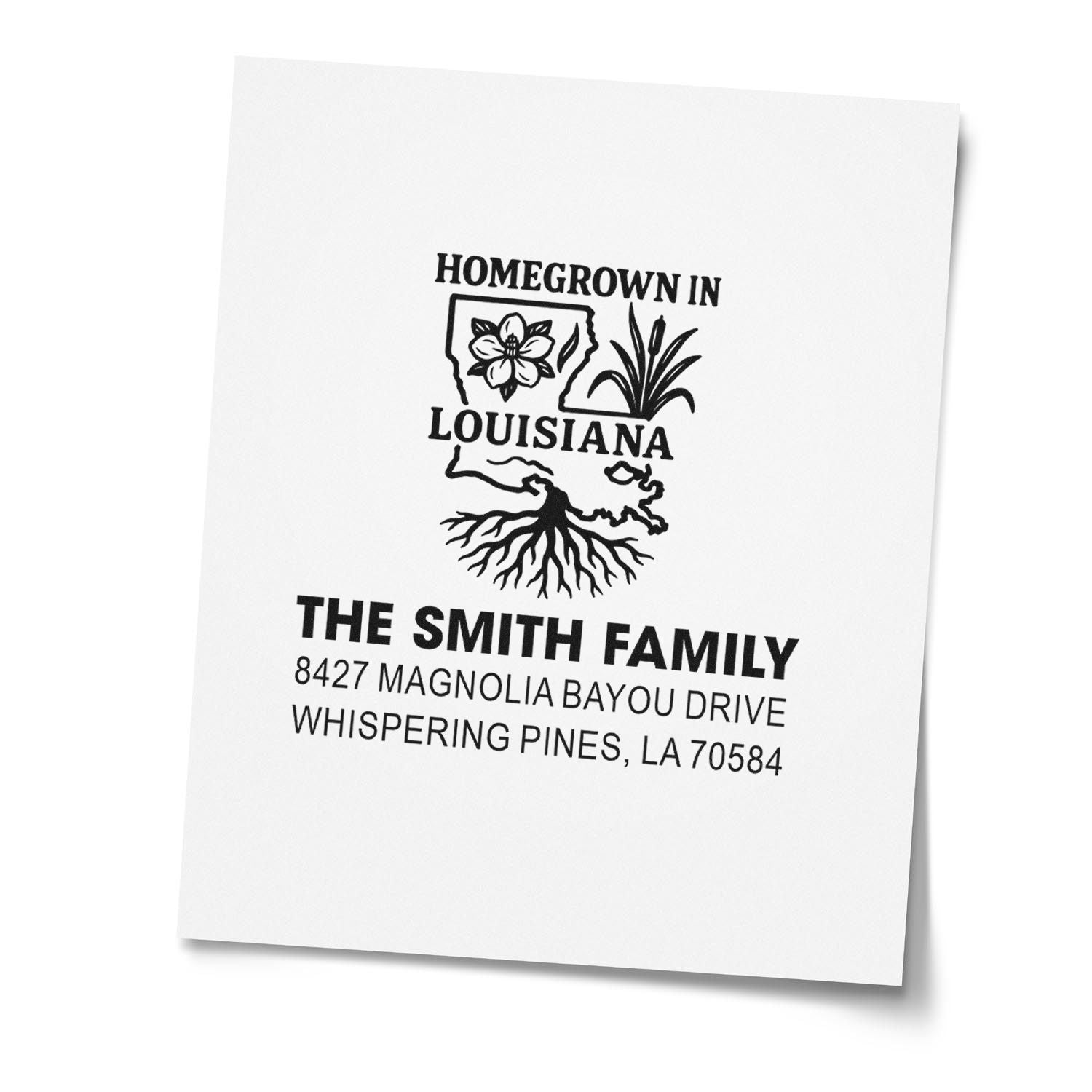 Custom Louisiana return address rubber stamp for The Smith Family, with state outline, floral design, and Whispering Pines address.