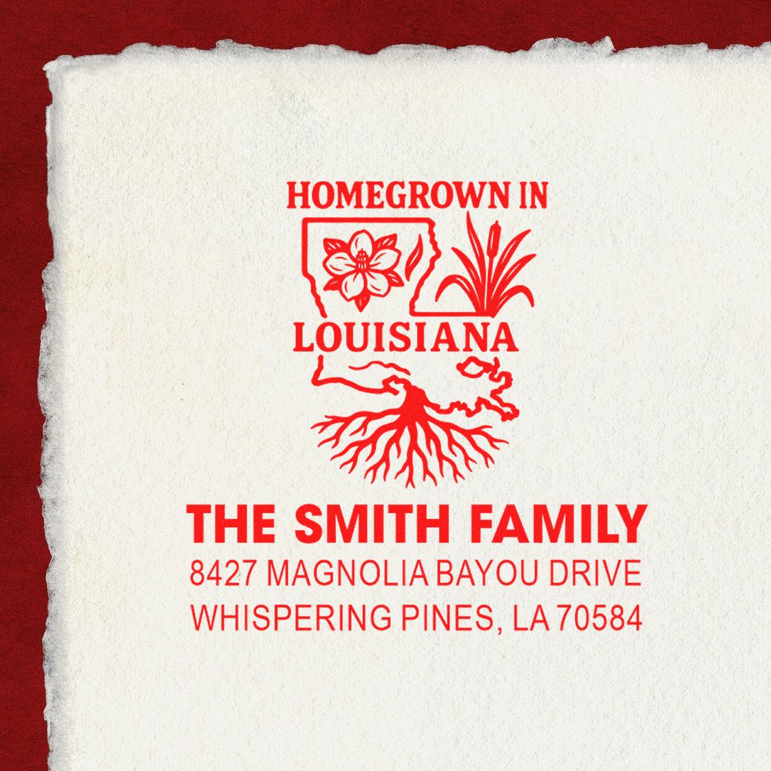 Custom Louisiana family address rubber stamp with homegrown design, Smith family name, and Whispering Pines, LA address.