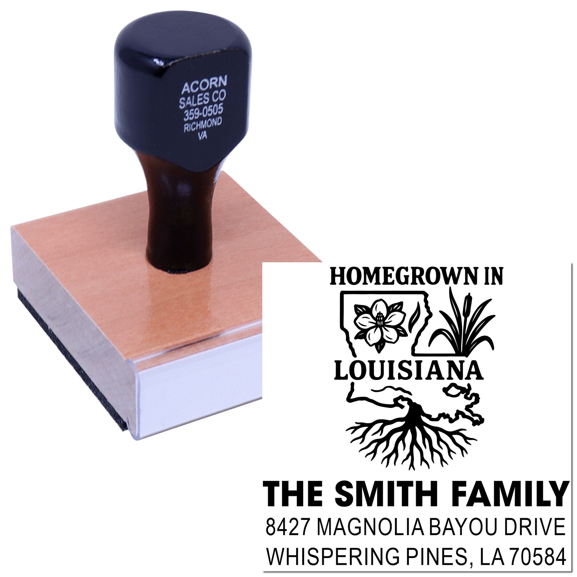 Custom Louisiana address rubber stamp with family name and homegrown theme for personalized mailing.