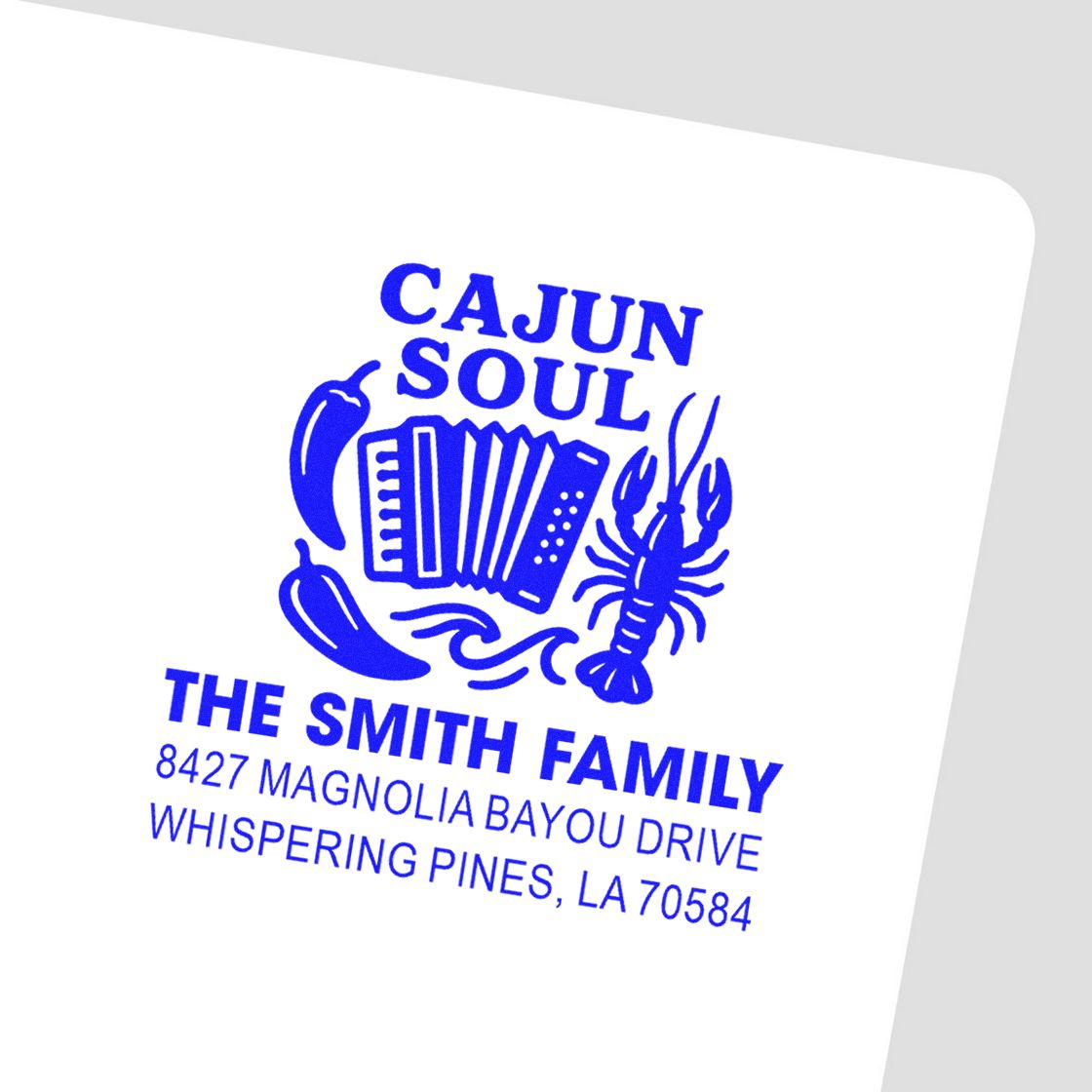Cajun Soul personalized return address rubber stamp for The Smith Family, with accordion, crawfish, and pepper design.