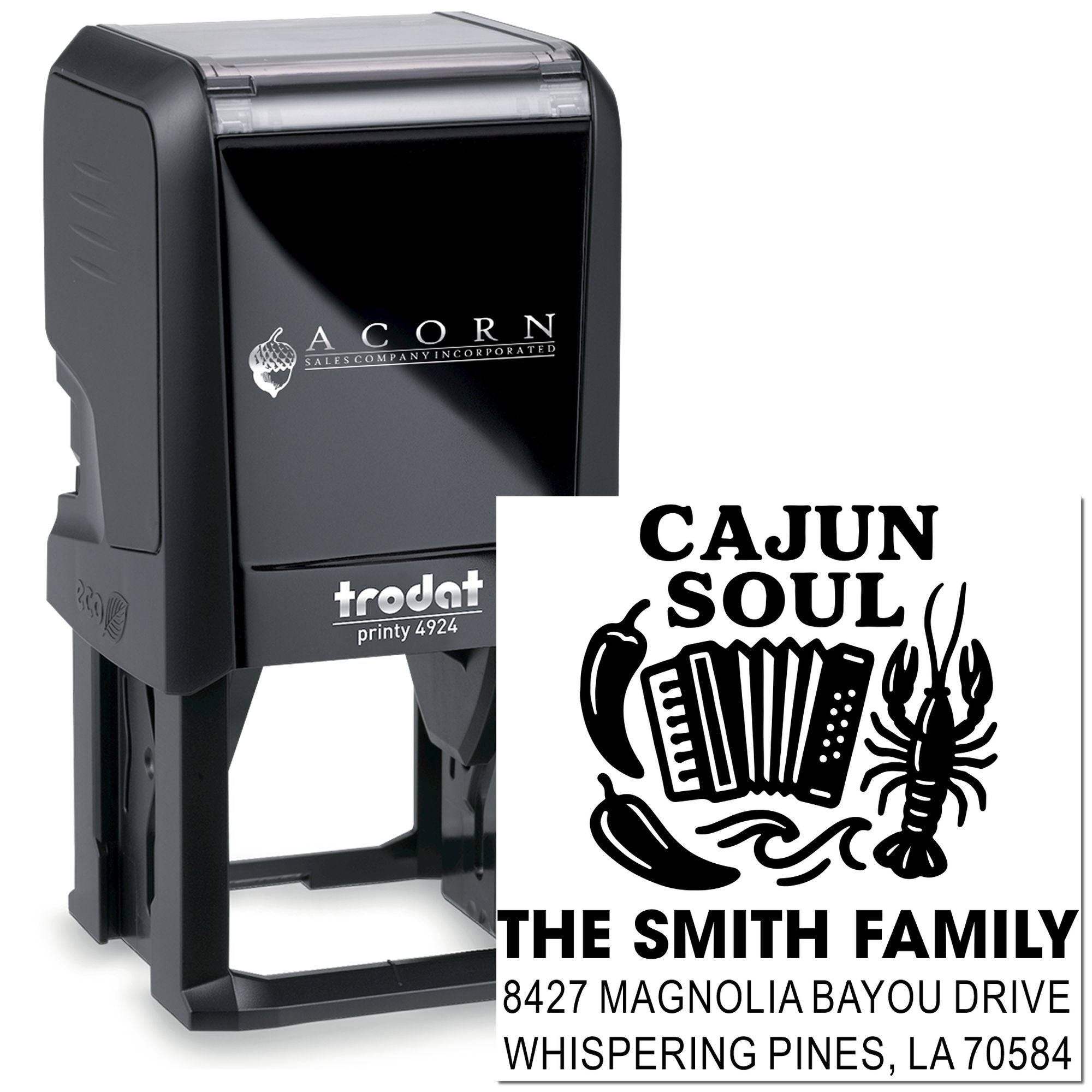Custom Trodat self-inking rubber stamp with Cajun Soul design, family name, and address for return mailing.