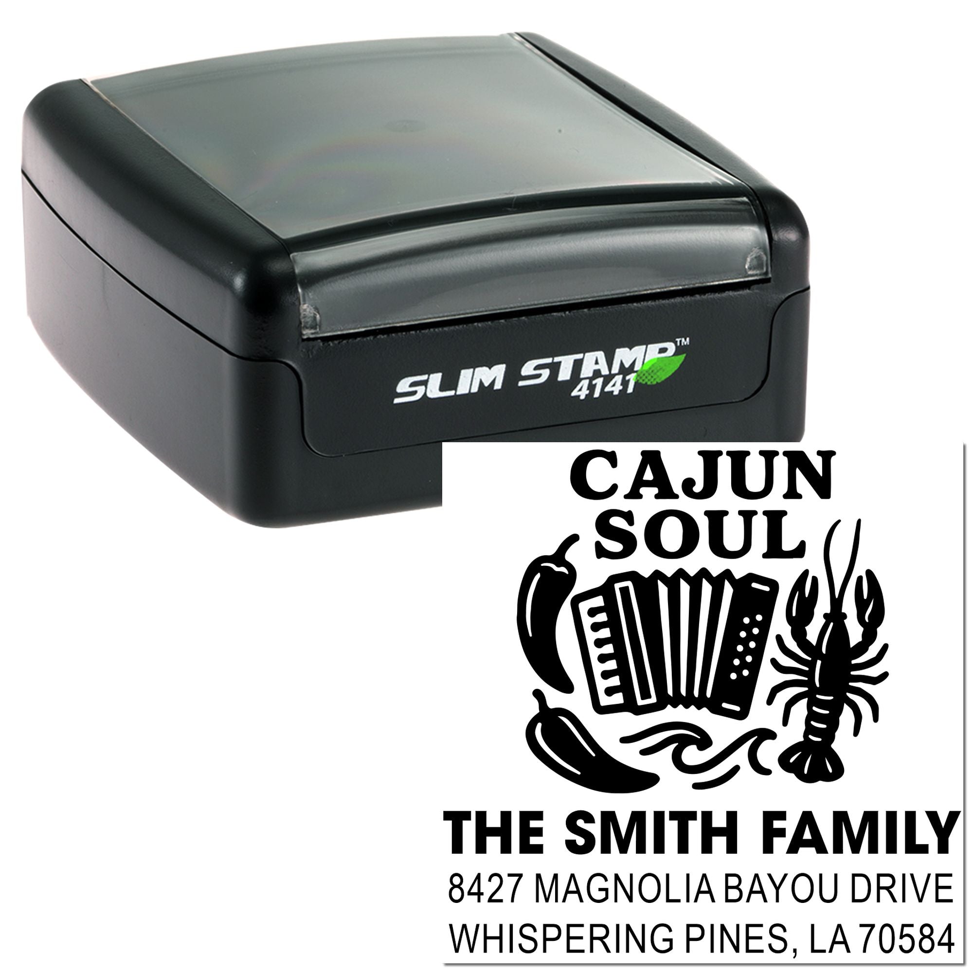 Custom self-inking rubber stamp for Cajun Soul family return address, ideal for personalized mail, envelopes, and packaging.