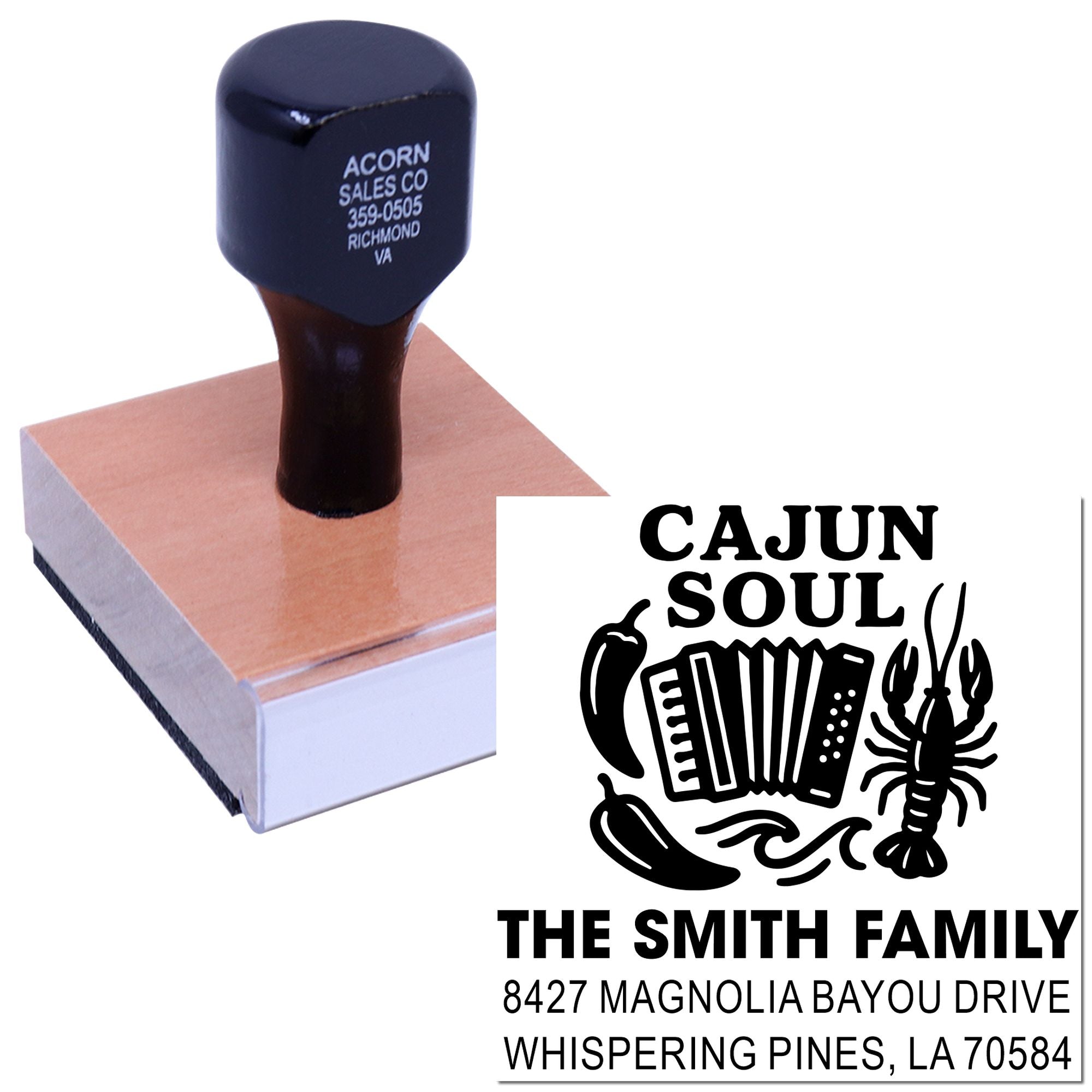 Custom rubber stamp with Cajun Soul family return address design for personalized mail and craft projects.