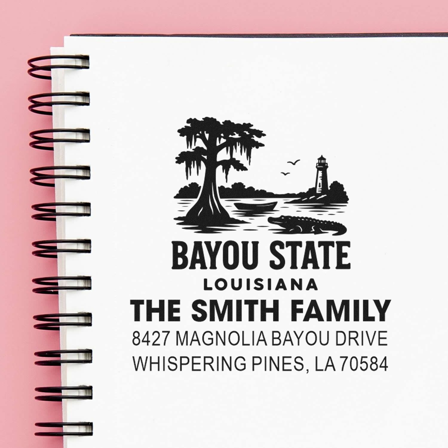 Personalized Louisiana address rubber stamp for The Smith Family with bayou cypress, lighthouse and alligator design.