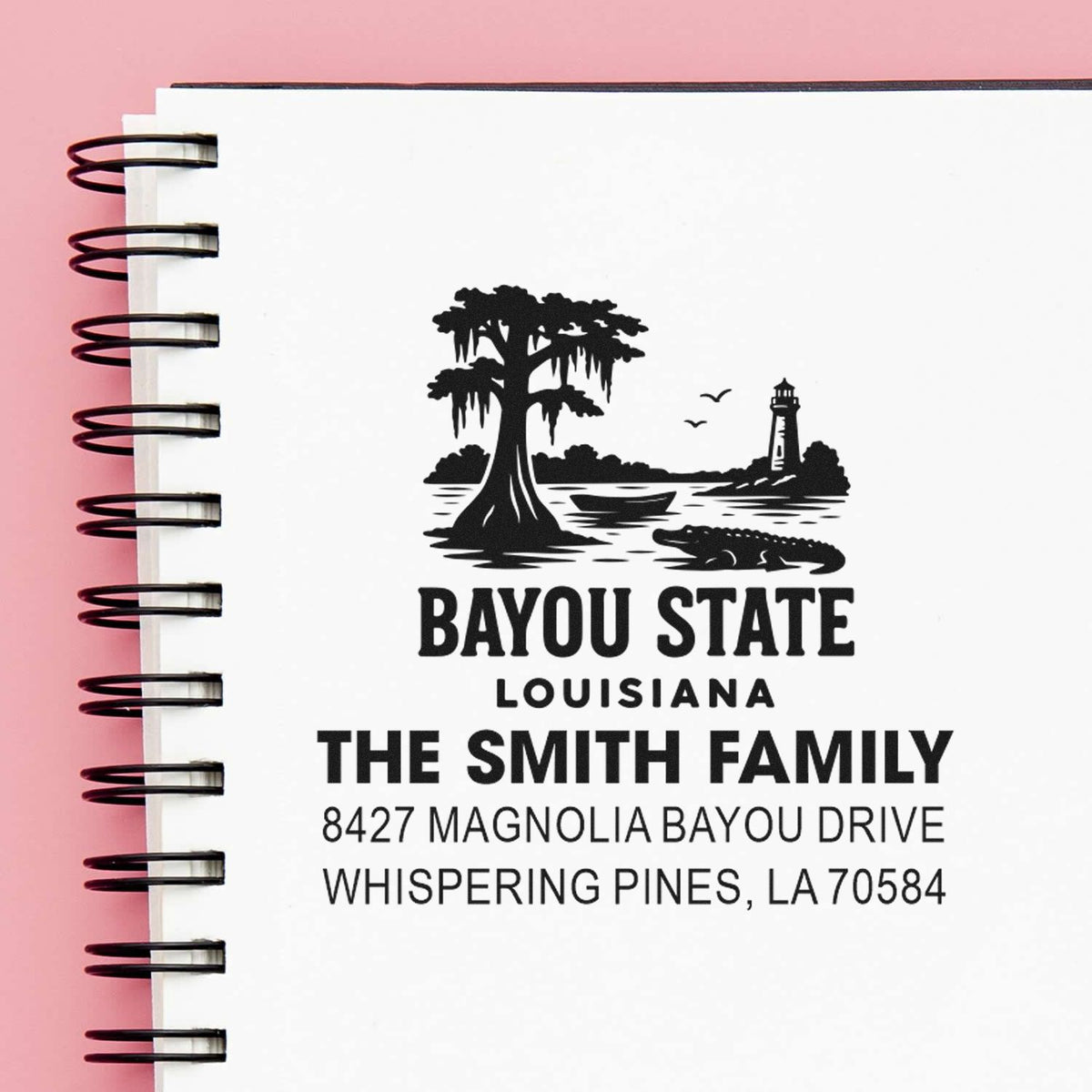 Personalized Louisiana return address rubber stamp with bayou design, family name, and custom mailing address.
