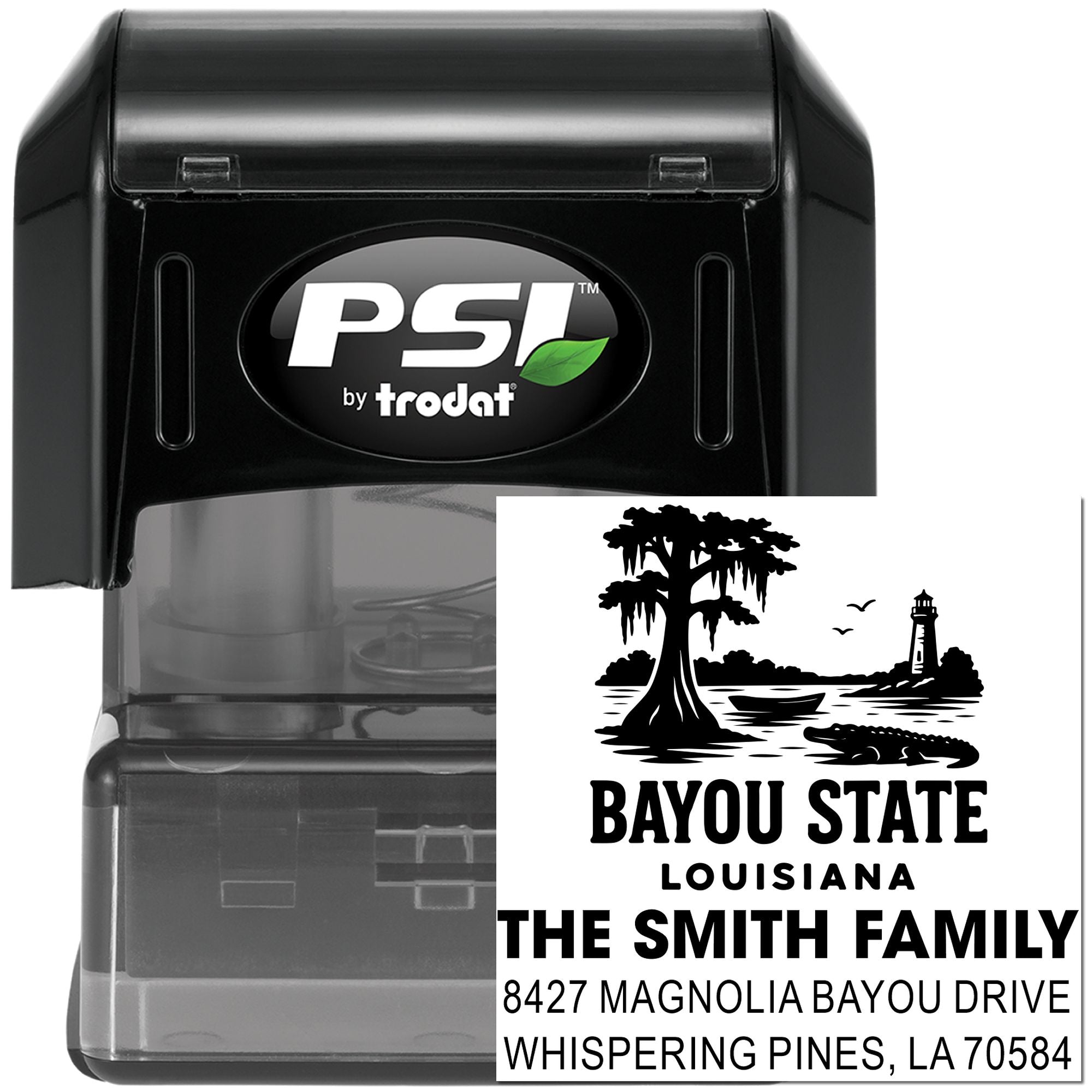 Custom address rubber stamp with Bayou State Louisiana design, PSI by Trodat self-inking stamp for The Smith Family.