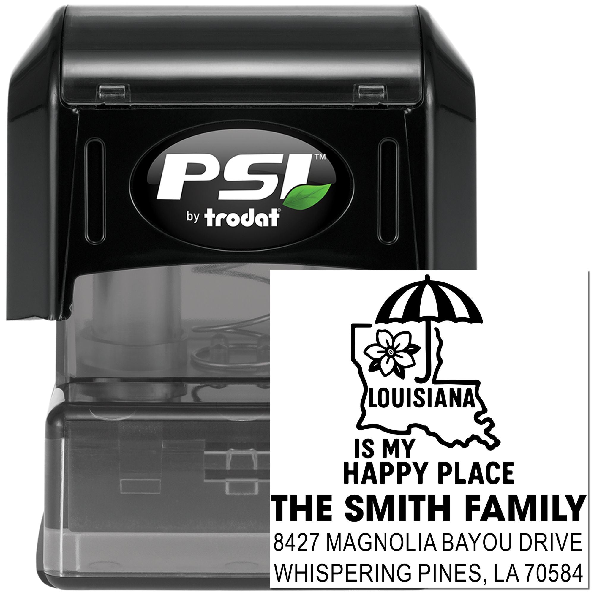 Self-inking custom Louisiana address rubber stamp by PSI by Trodat with family name and return address for personalized mailings.