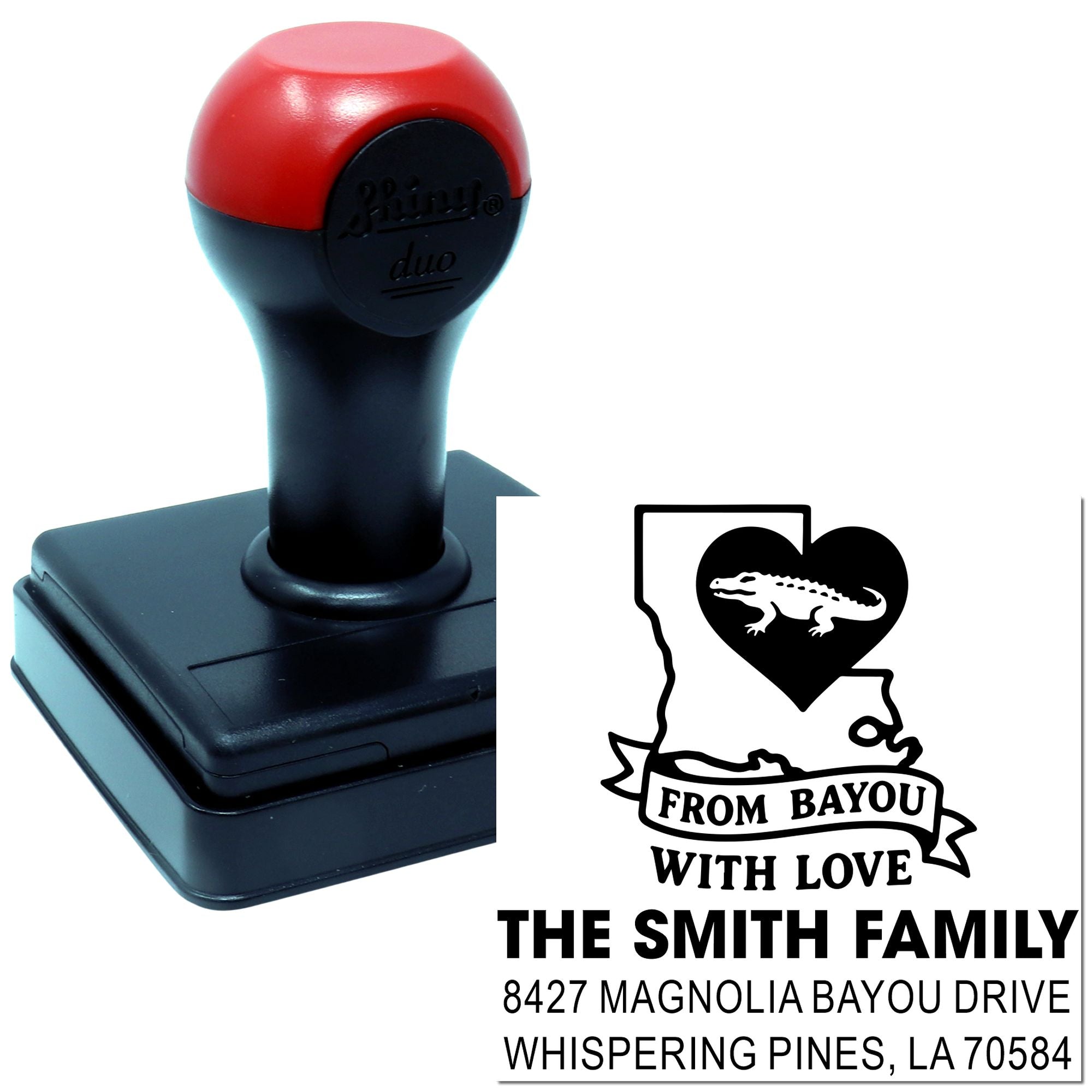 Custom self-inking rubber stamp with Louisiana alligator design and personalized return address for The Smith Family.
