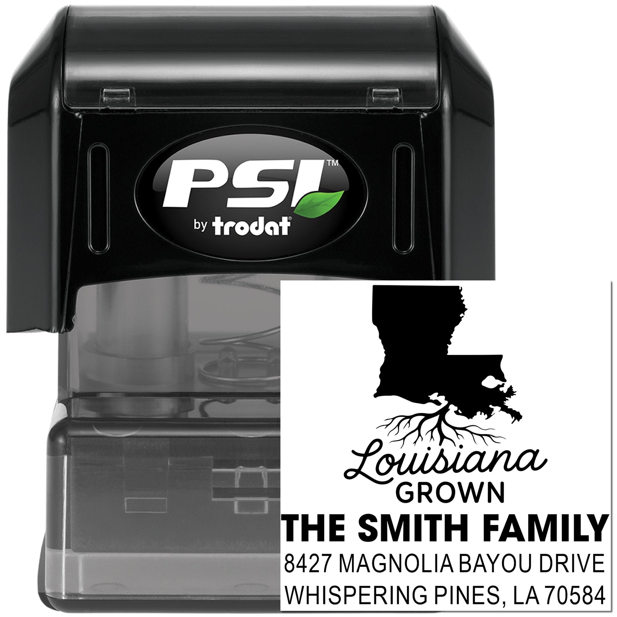 Custom Louisiana self-inking address rubber stamp for family mail, with Louisiana Grown design and return address.