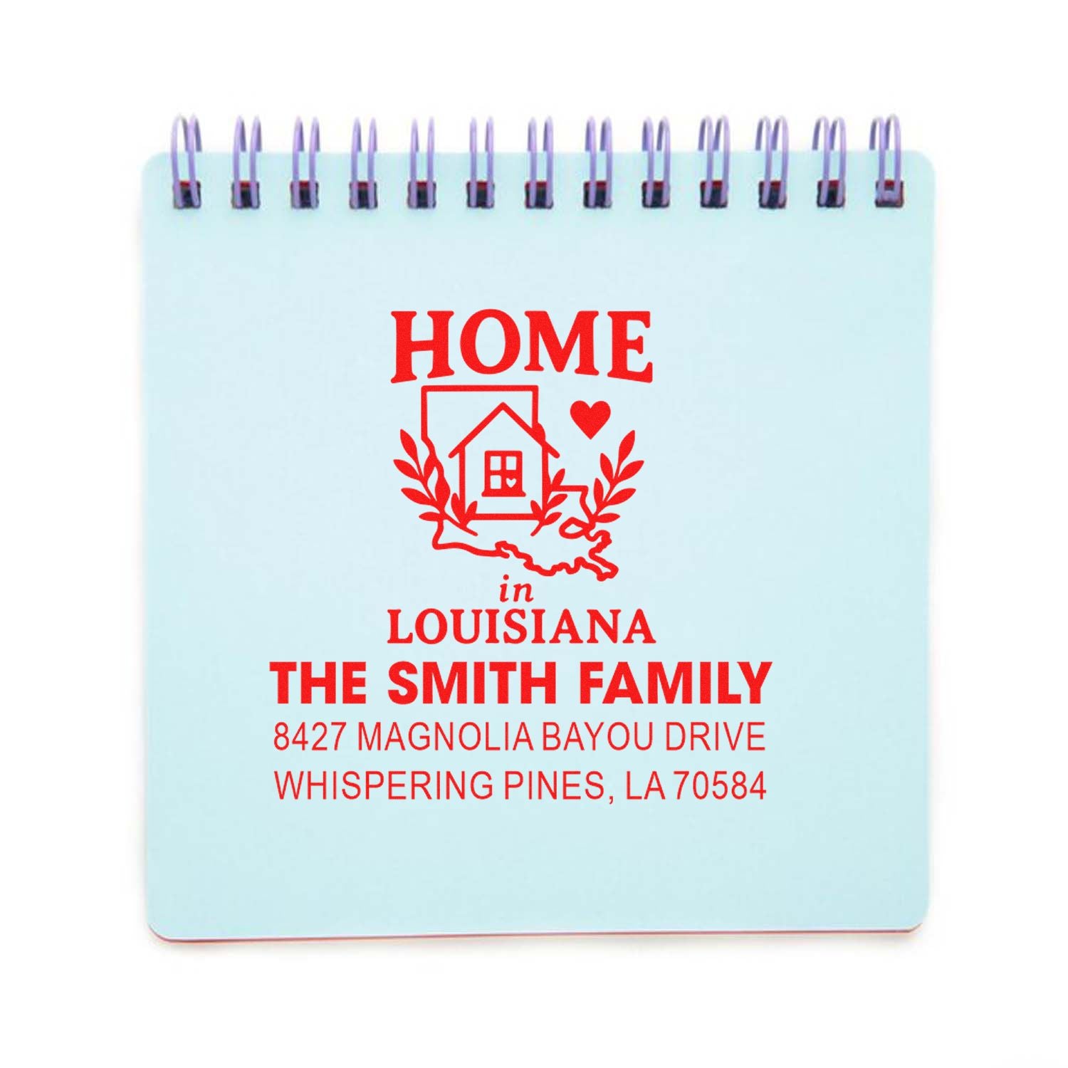 Personalized rubber stamp for Louisiana home address, featuring The Smith Family and a house icon.