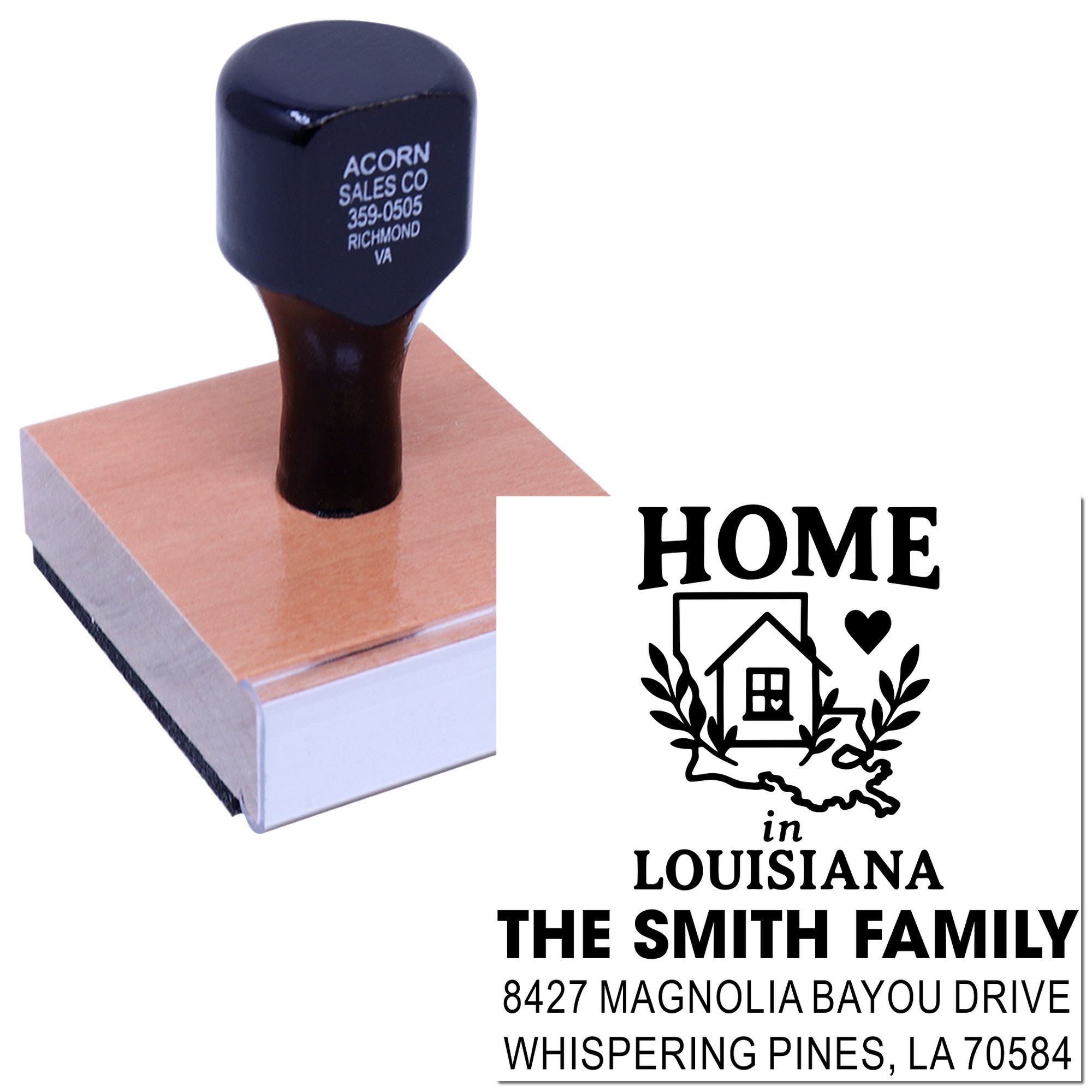 Custom rubber stamp for home address labels, featuring a Louisiana family design and personalized return address imprint.