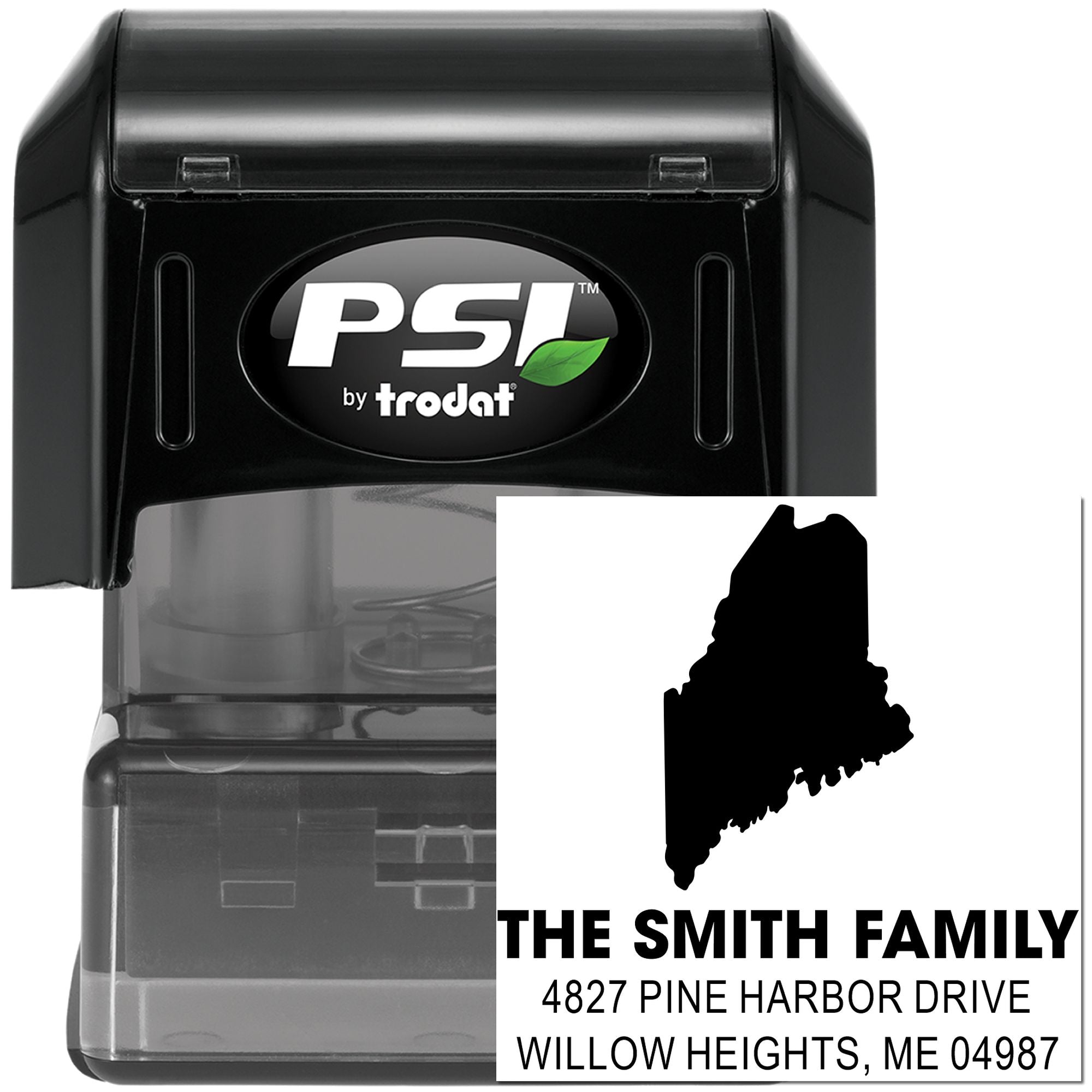 PSI by Trodat custom self-inking rubber address stamp with Maine silhouette for The Smith Family address label