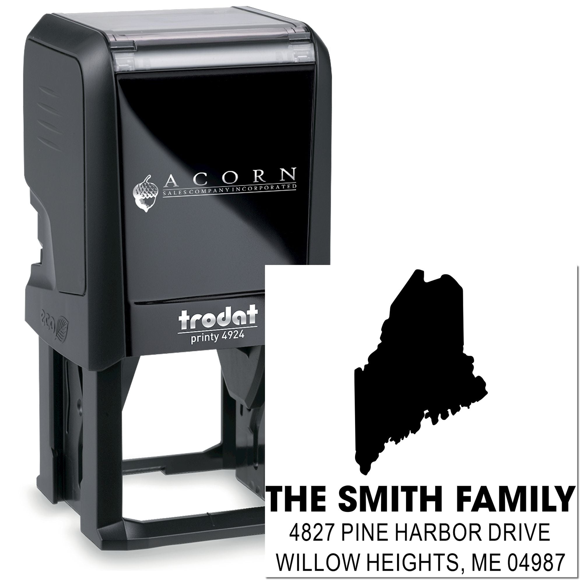 Custom self-inking rubber address stamp with Maine silhouette, The Smith Family, Pine Harbor Drive, Willow Heights, ME.