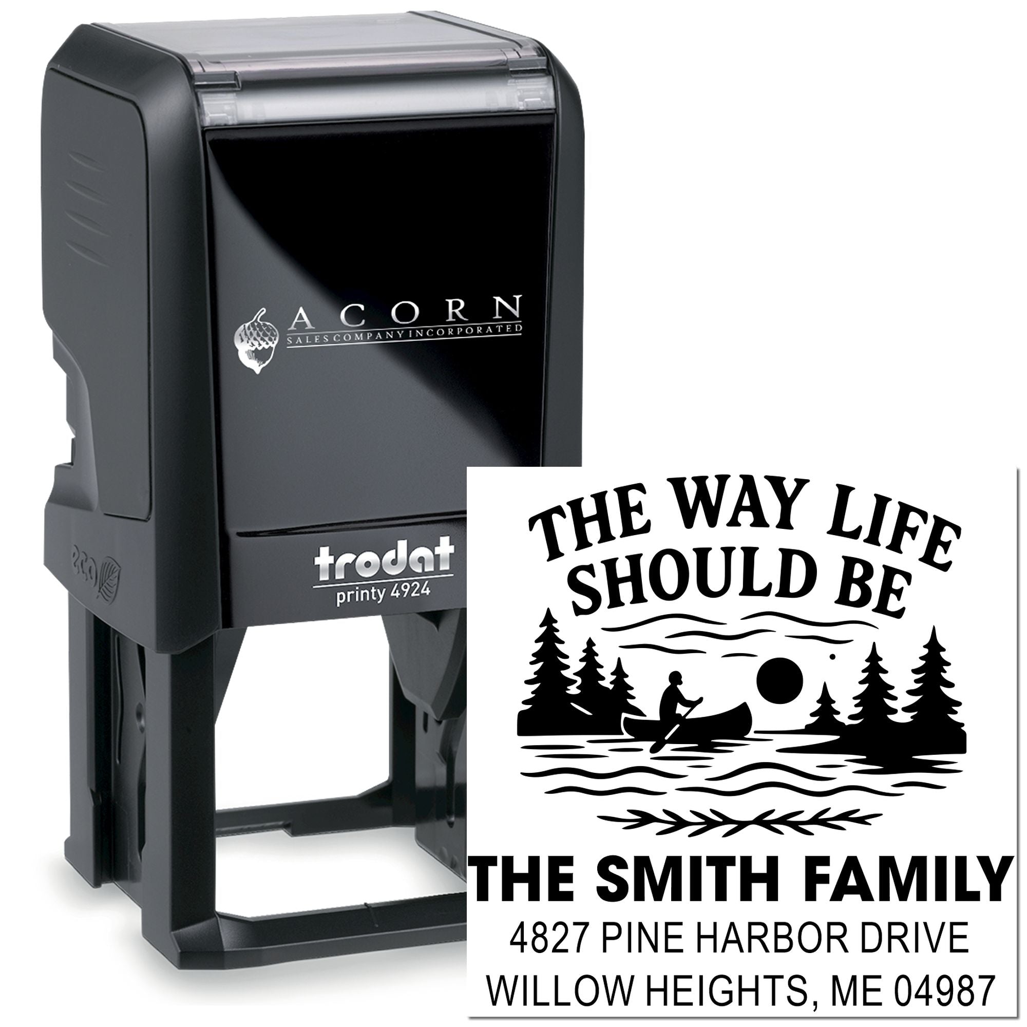 Custom self-inking rubber stamp with family name, address, and lake scene design for personalized return address labels.