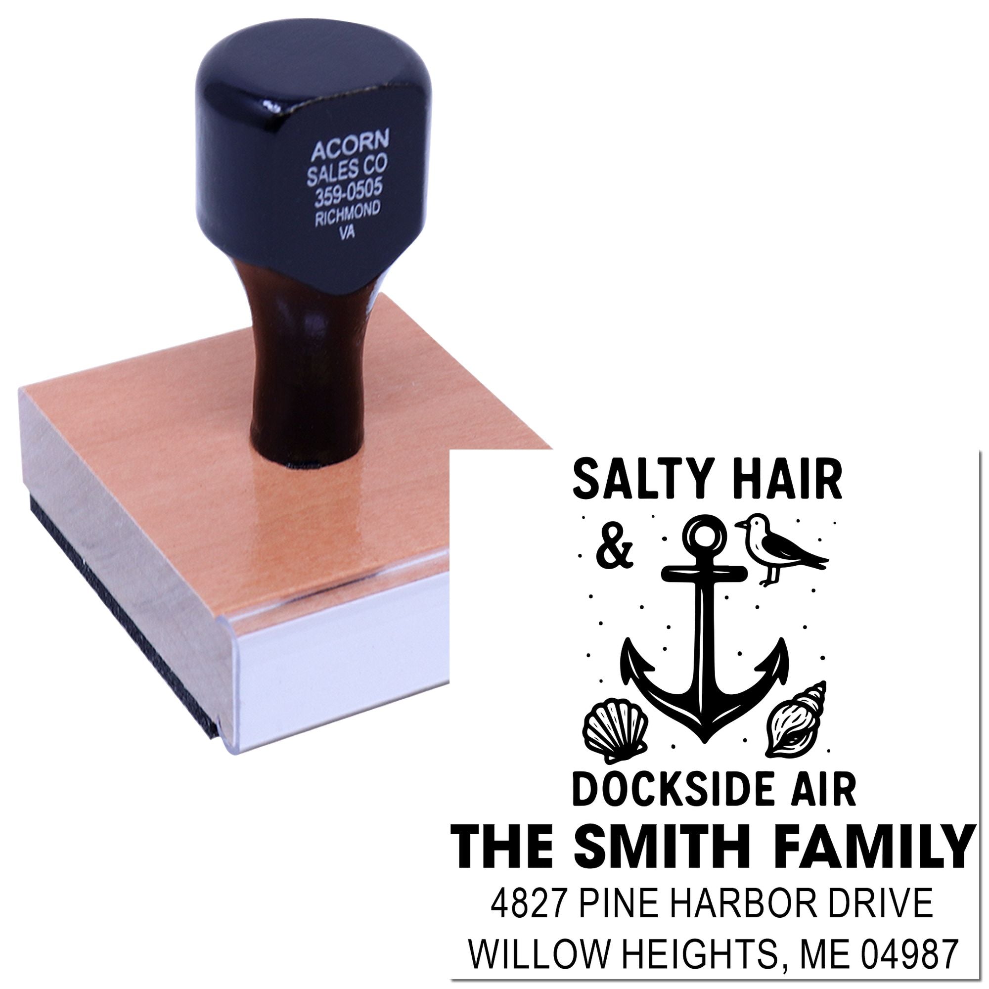 Personalized nautical rubber stamp with anchor design, Salty Hair & Dockside Air family return address stamp
