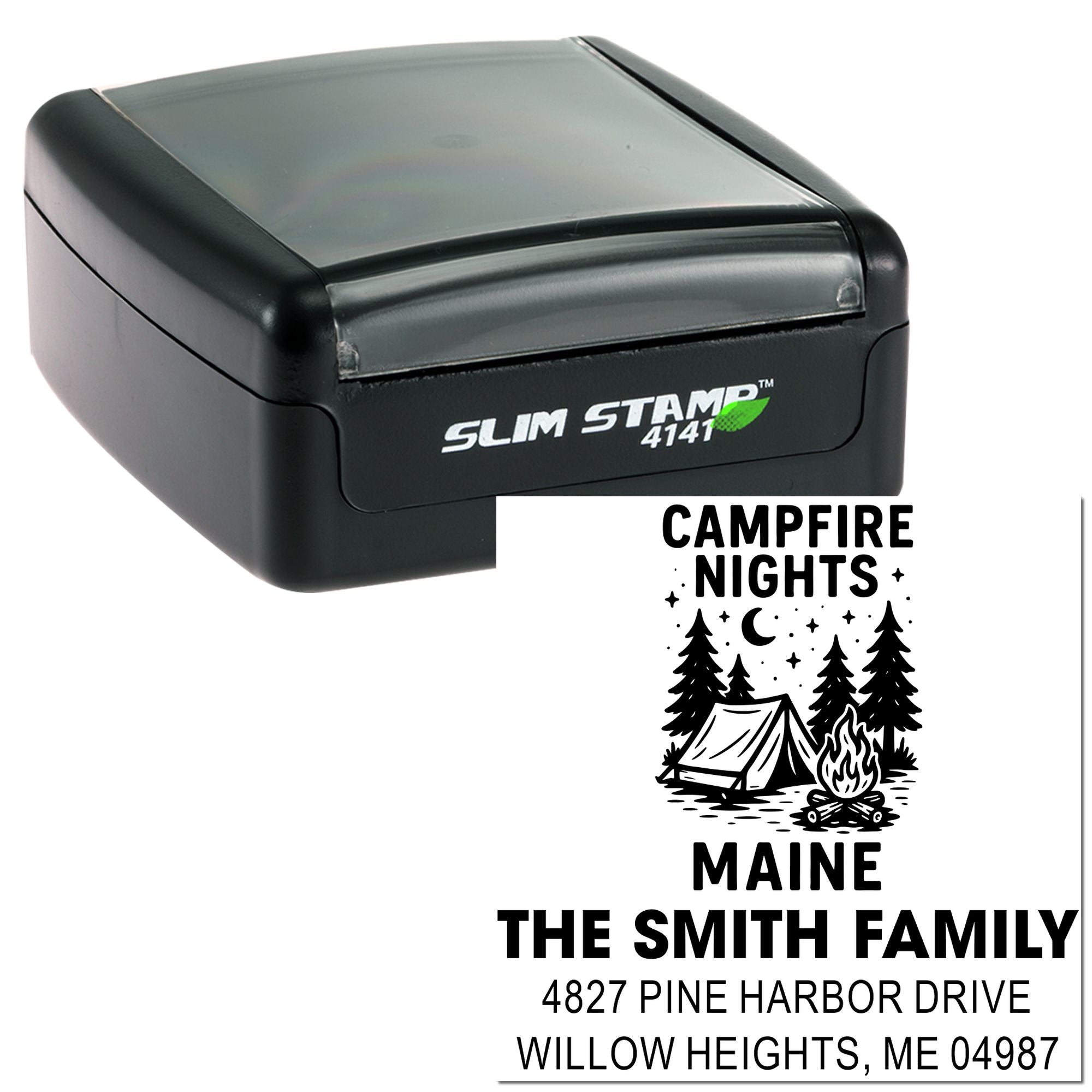 Personalized camping address rubber stamp with campfire nights design, The Smith Family, Maine, and custom return address.