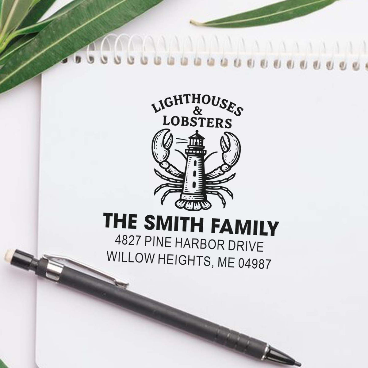 Custom rubber address stamp with lighthouse and lobsters design for The Smith Family, featuring name and Maine return address.