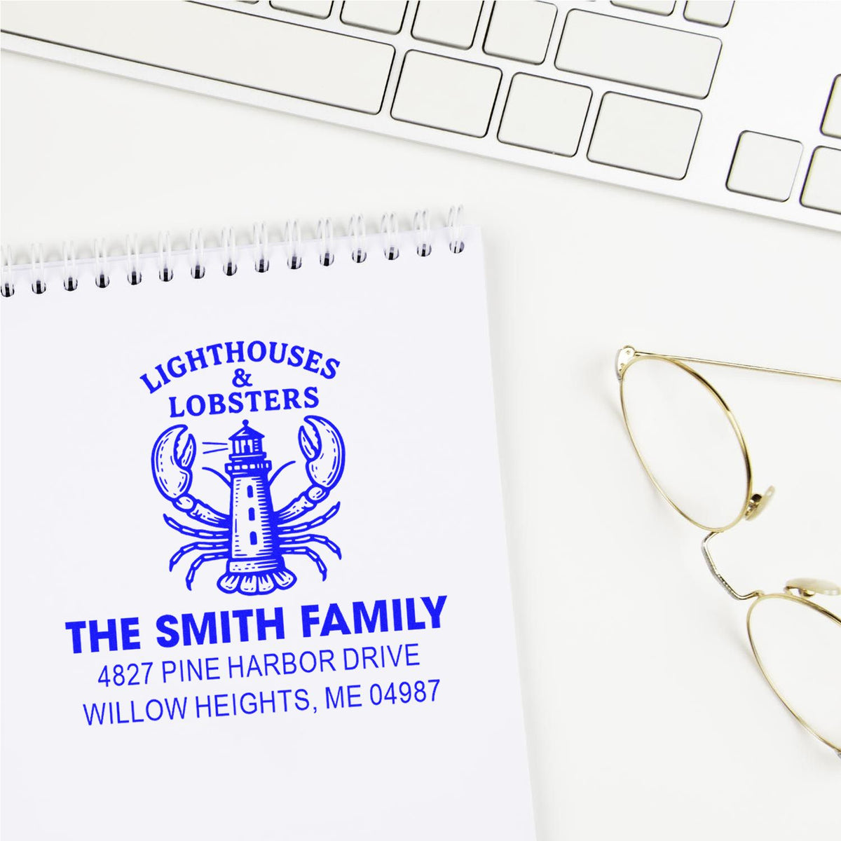 Custom rubber stamp imprint with lighthouse and lobster design for The Smith Family address stamp.