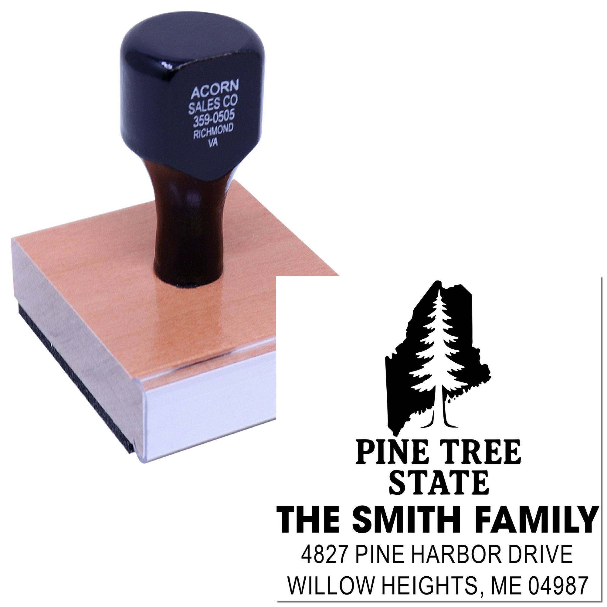 Personalized address rubber stamp with Pine Tree State logo and Smith family return address.